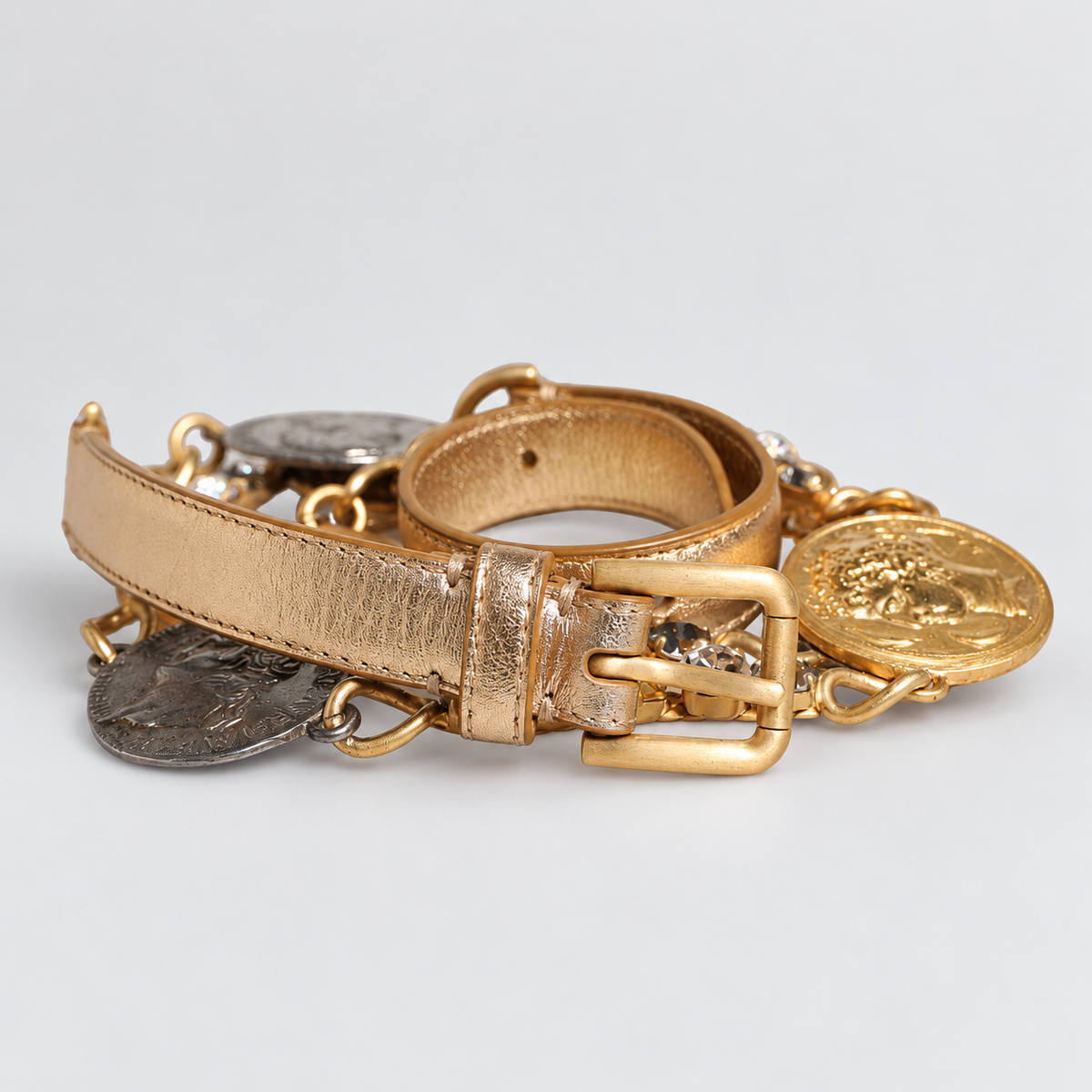 Dolce & Gabbana Gold Brass Chain Coin Embellished Metal Buckle Belt - BE1037 A1016 - studio view 1