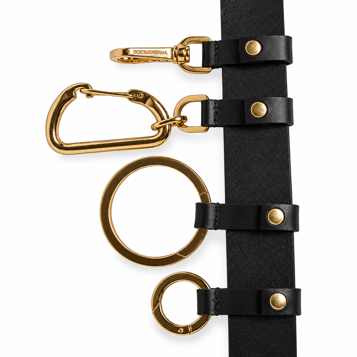 Men's belt Dolce & Gabbana SKU: BC4536 AX622 gold carabiners and rings close-up