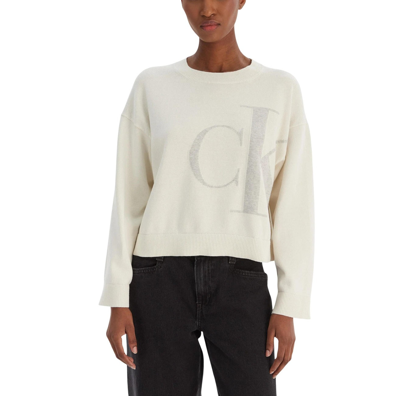 Дамски бял пуловер Calvin Klein Jeans Women Sweater LV047E304G Front View