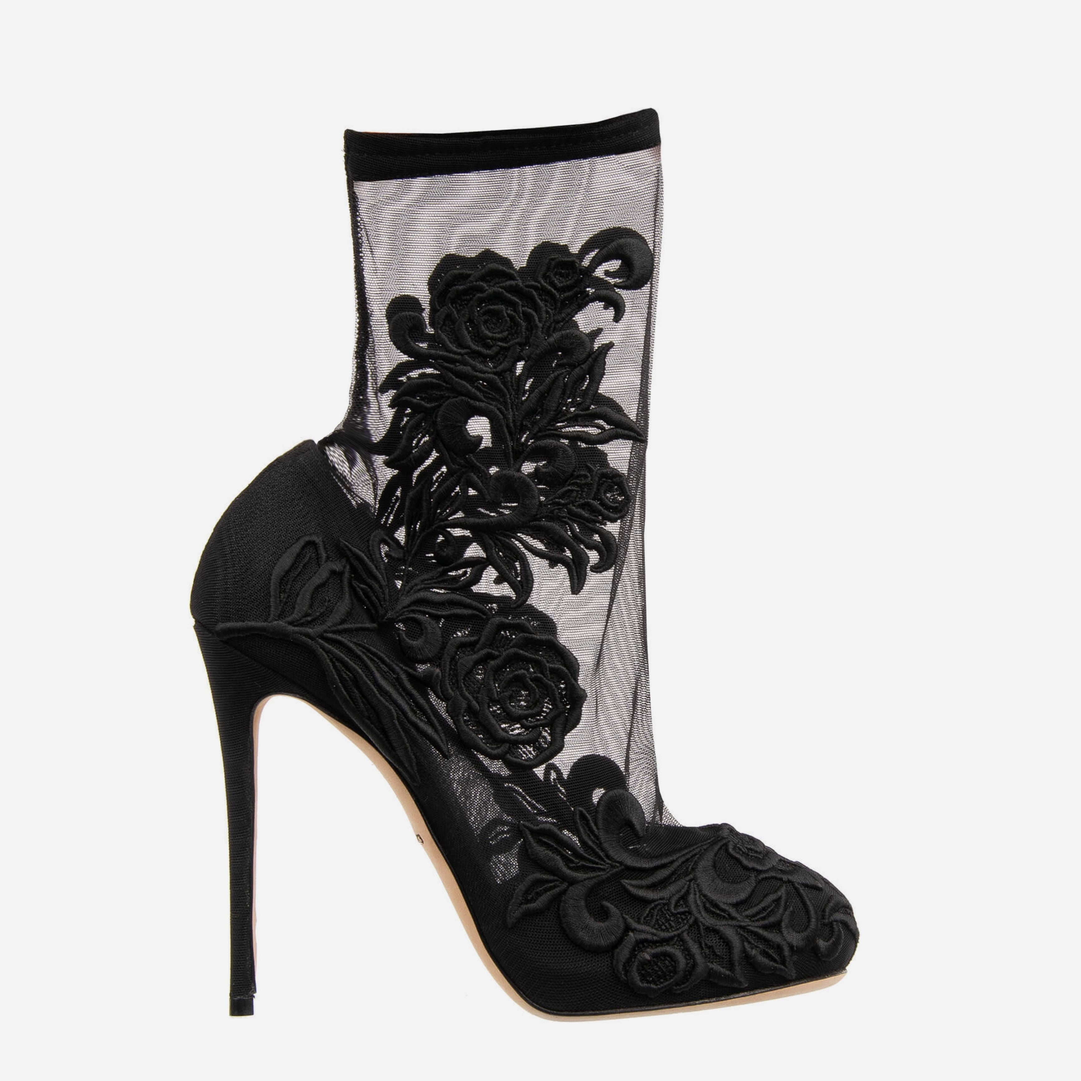 Дамски луксозни обувки на висок ток с чорап с бродерия в черно DOLCE & GABBANA Women’s Embroidered Floral Stiletto Socks Booties