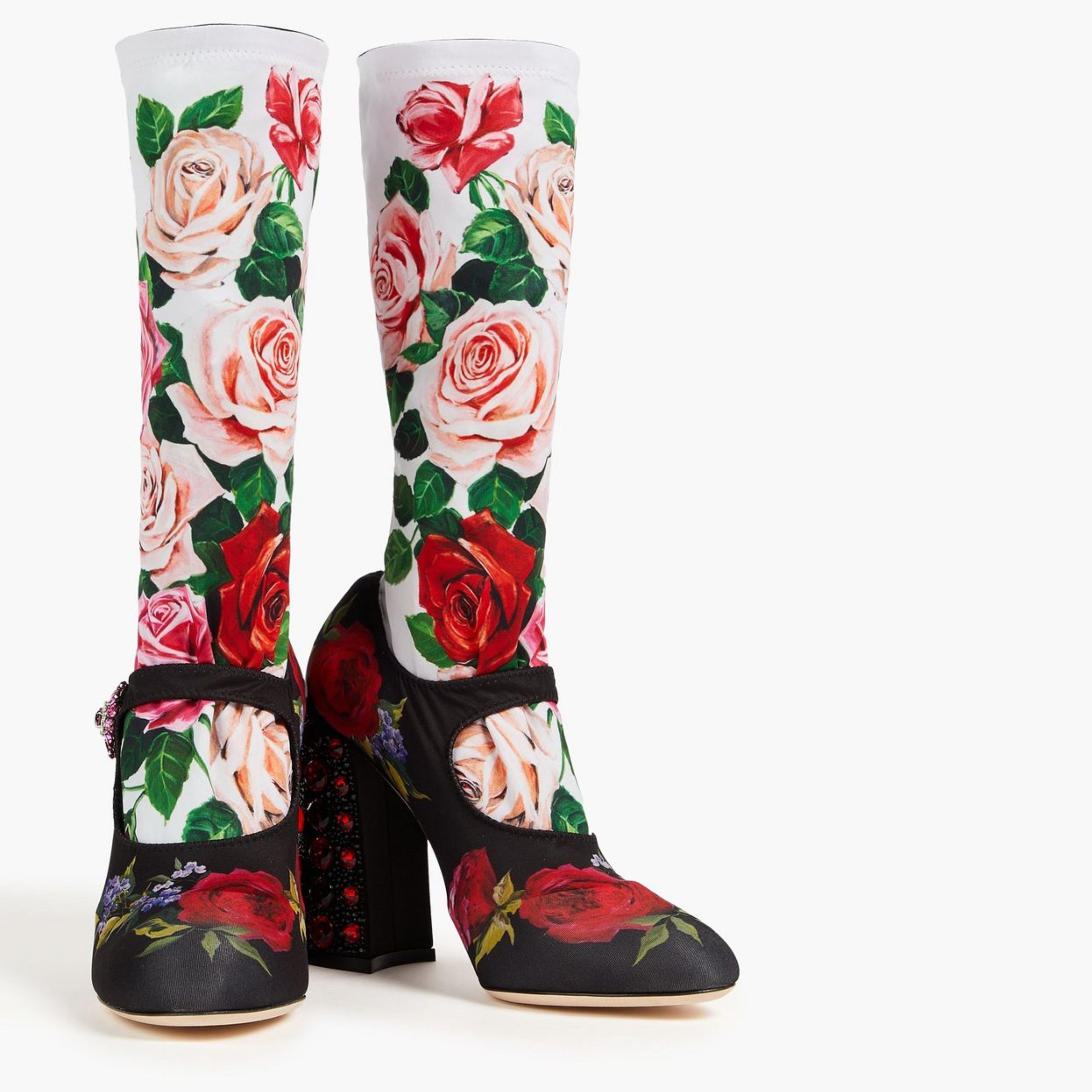 Дамски обувки ботуши на висок ток с висок чорап от плат и кристали DOLCE & GABBANA Women’s Floral Embellished Socks Boots