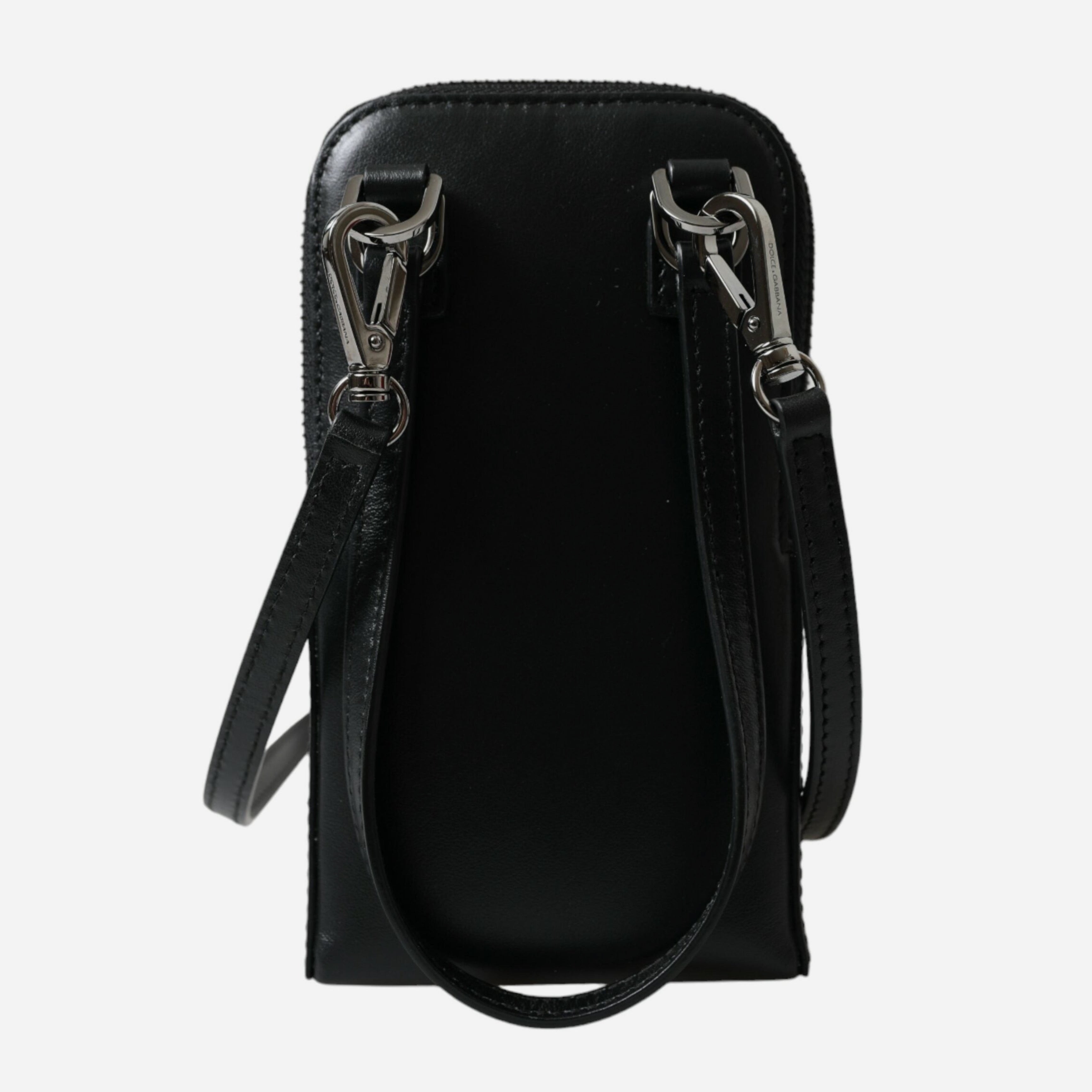 Мъжки луксозен кожен портфейл с каишка за врата в черно Dolce & Gabbana Men’s Black Leather Zip Around Logo Print Lanyard Strap Wallet