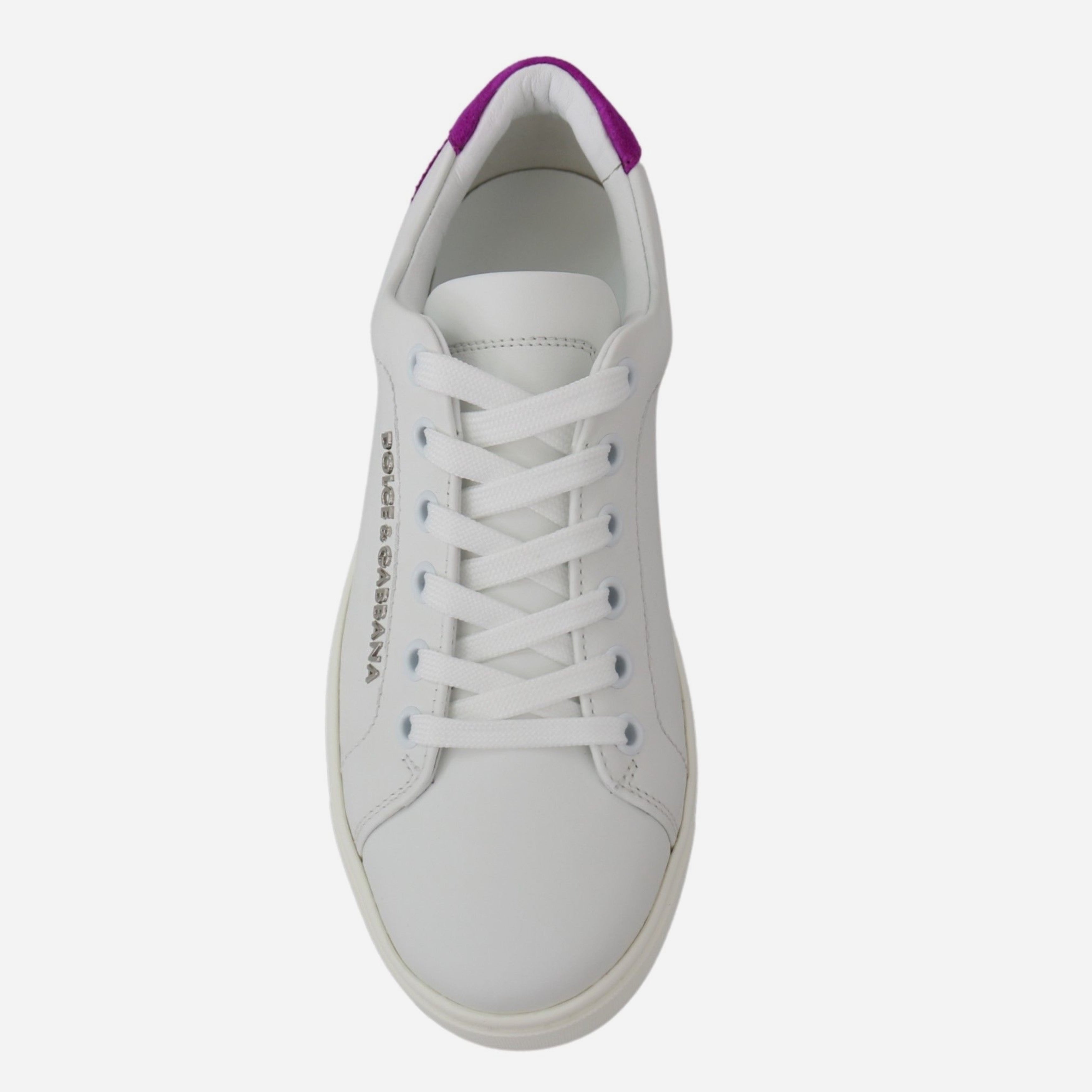 Дамски ежедневни кецове от естествена кожа в бяло Dolce & Gabbana Women’s Chic White Leather Sneakers with Purple Accents