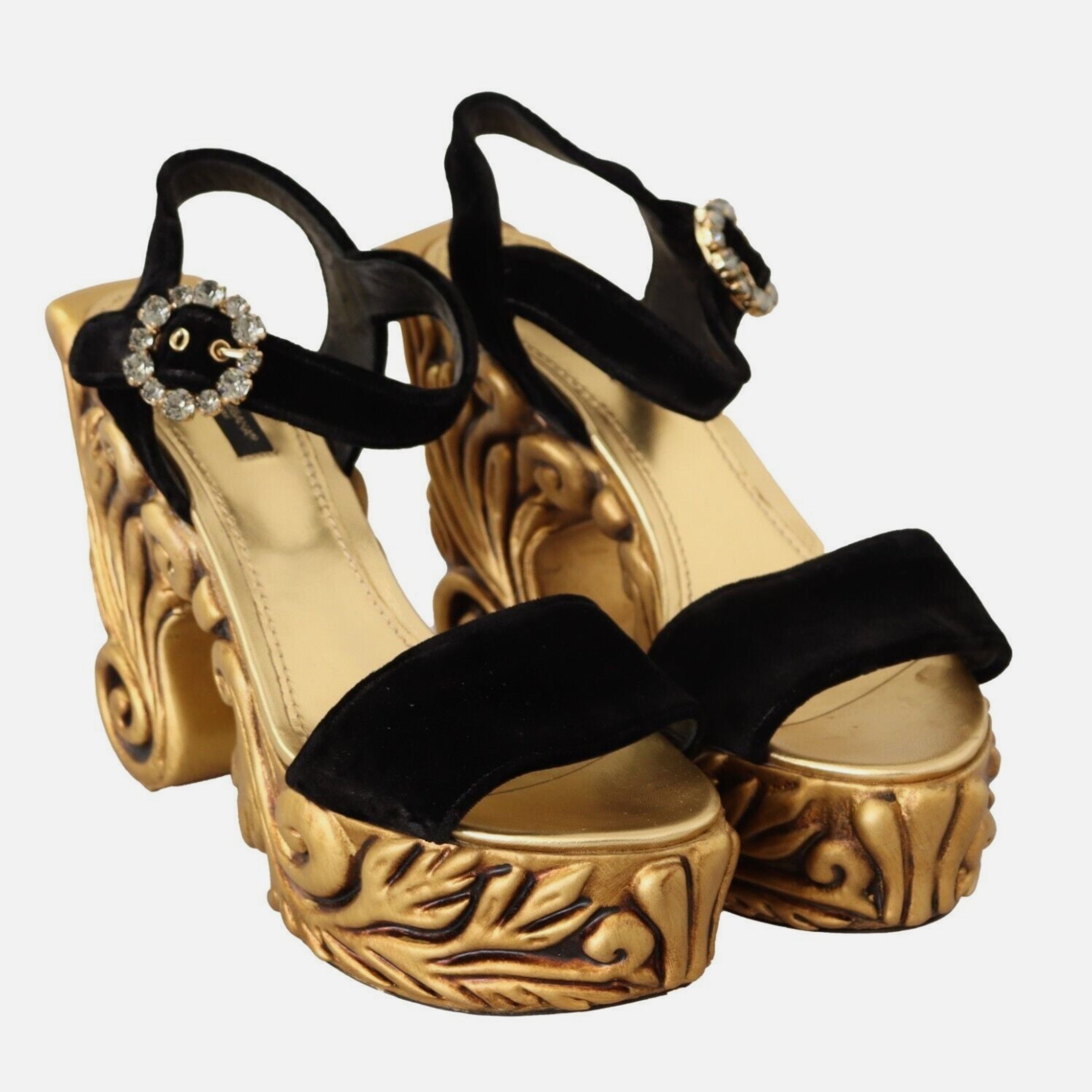 Луксозни дамски сандали на висока платформа с ток в стил барок Dolce & Gabbana Baroque Velvet Heels in Black and Gold лимитирана серия