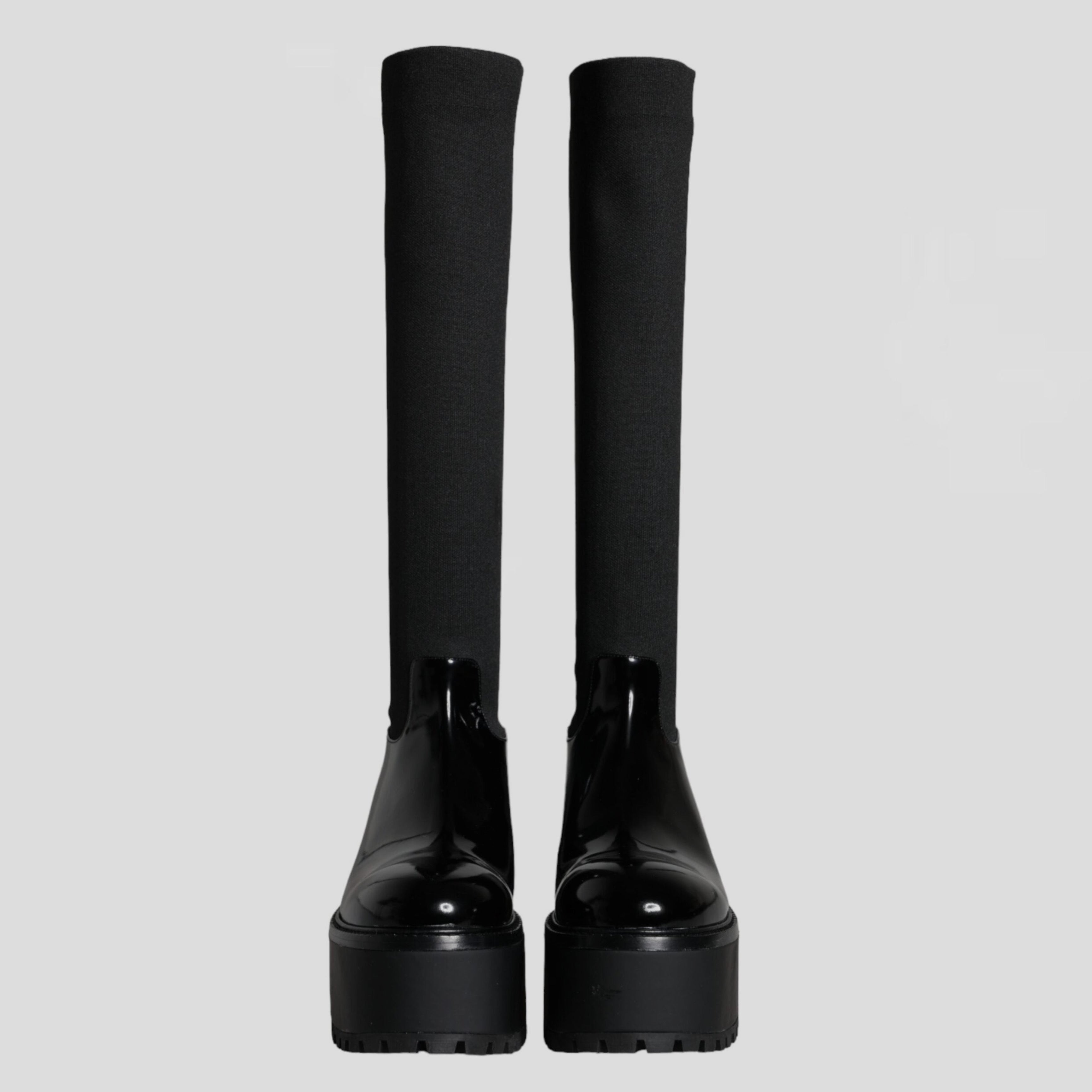 Дамски екстравагантни високи ботуши на висока платформа в черно Dolce & Gabbana Women’s Black Leather Jersey Knee High Boots