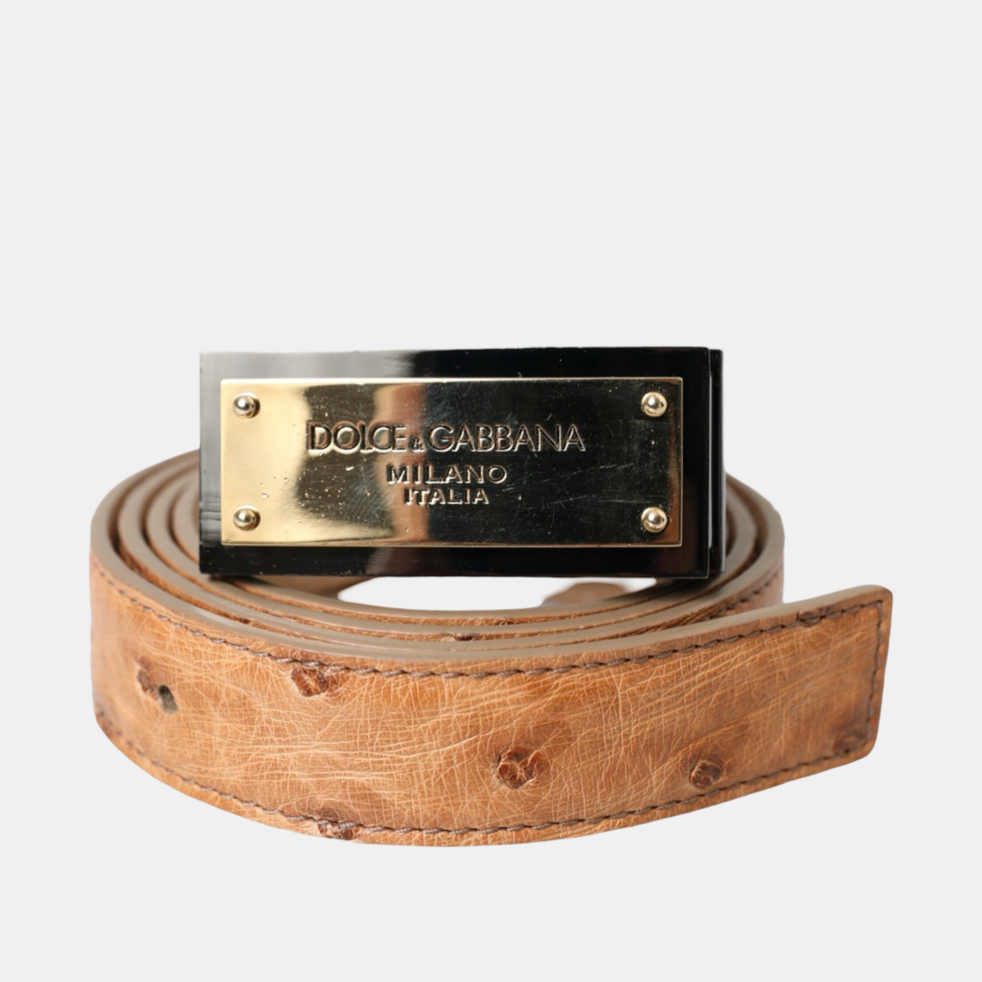 Дамски кожен колан Dolce & Gabbana Beige Leather Gold Logo Engraved Buckle Belt