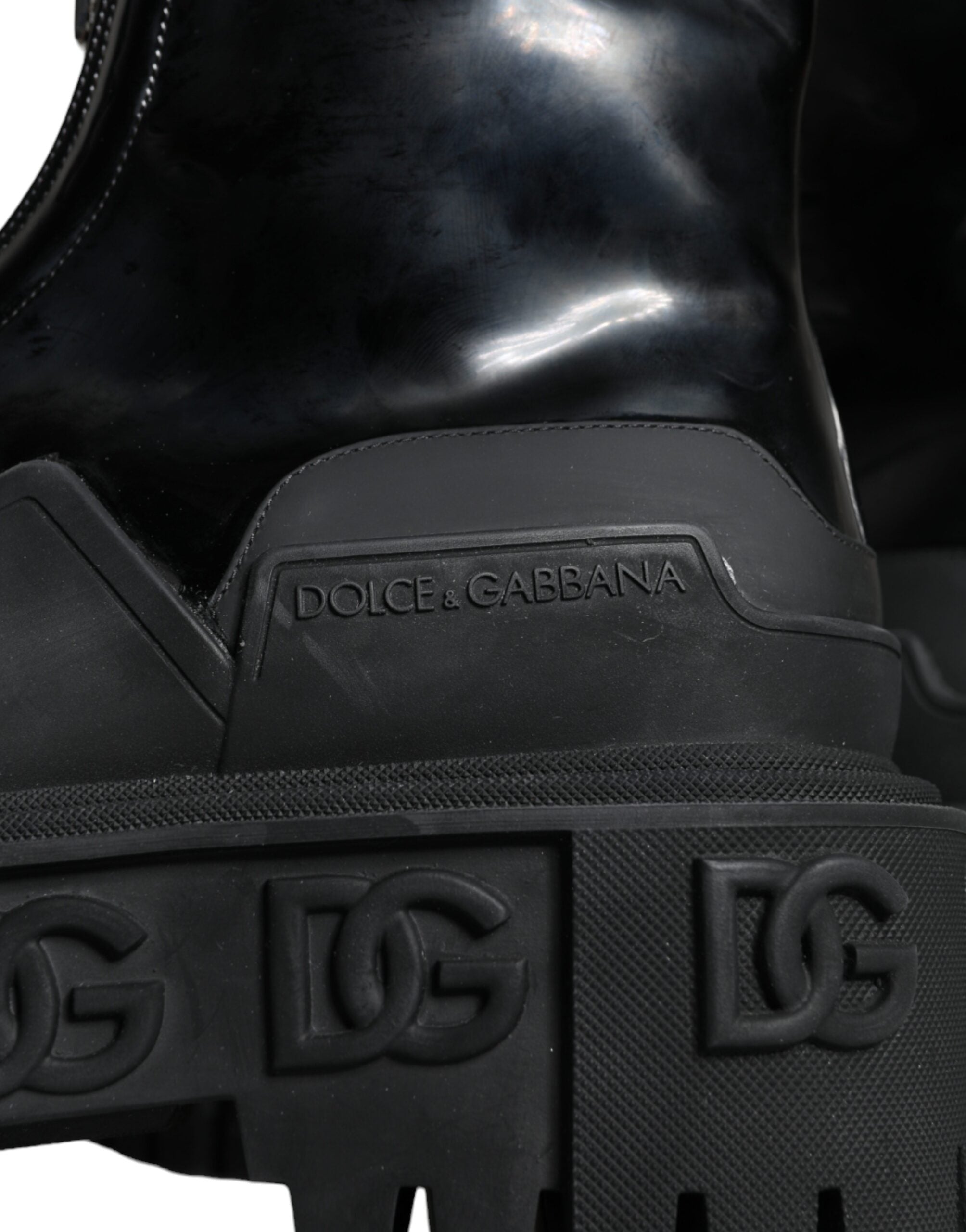 Дамски луксозни боти на висока платформа в черно Dolce & Gabbana Women Black Leather Rubber Logo Ankle Boots