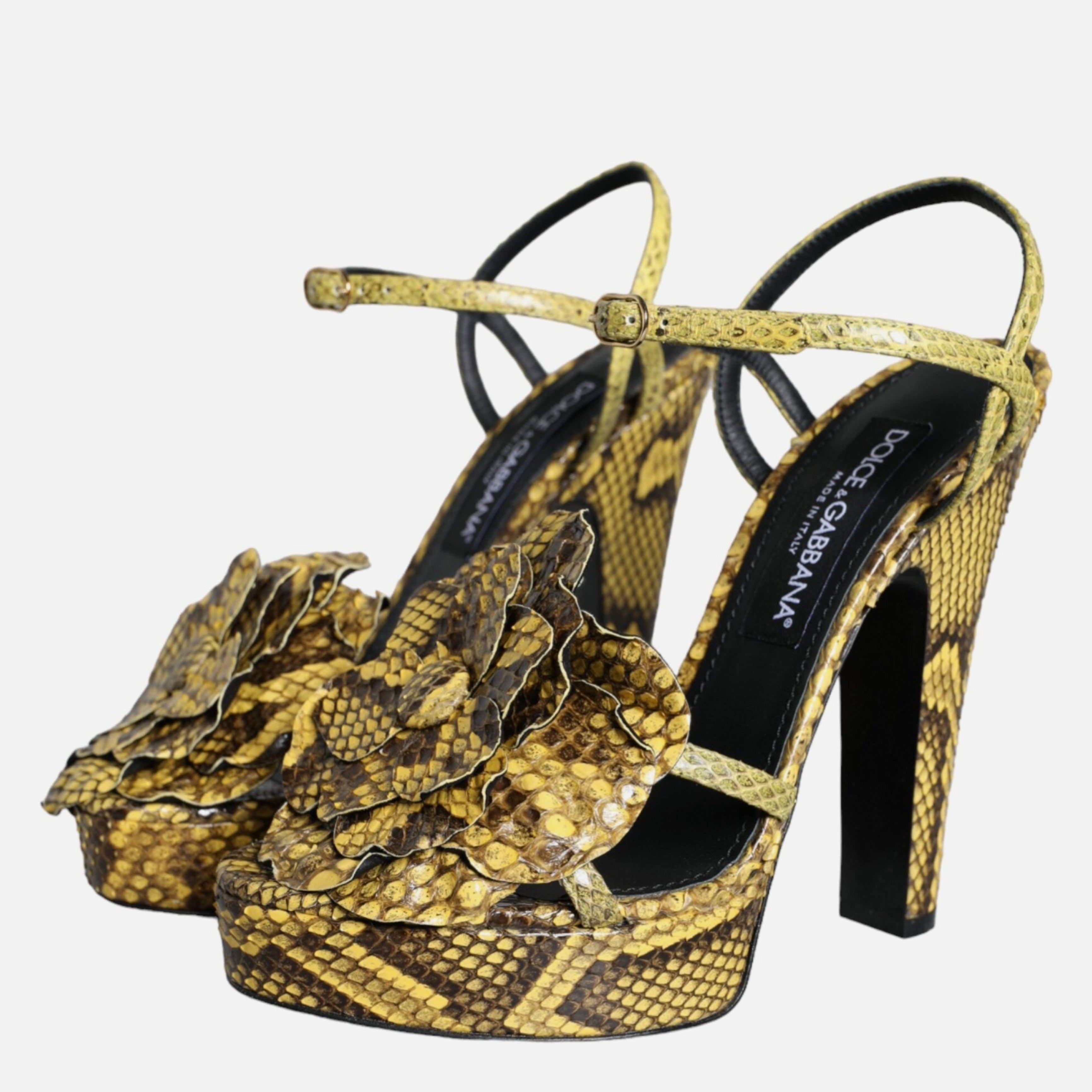 Дамаки луксозни сандали на висок ток от кожа на питон в жълто DOLCE & GABBANA Women’s Luxury Yellow Python Leather Heels Sandals