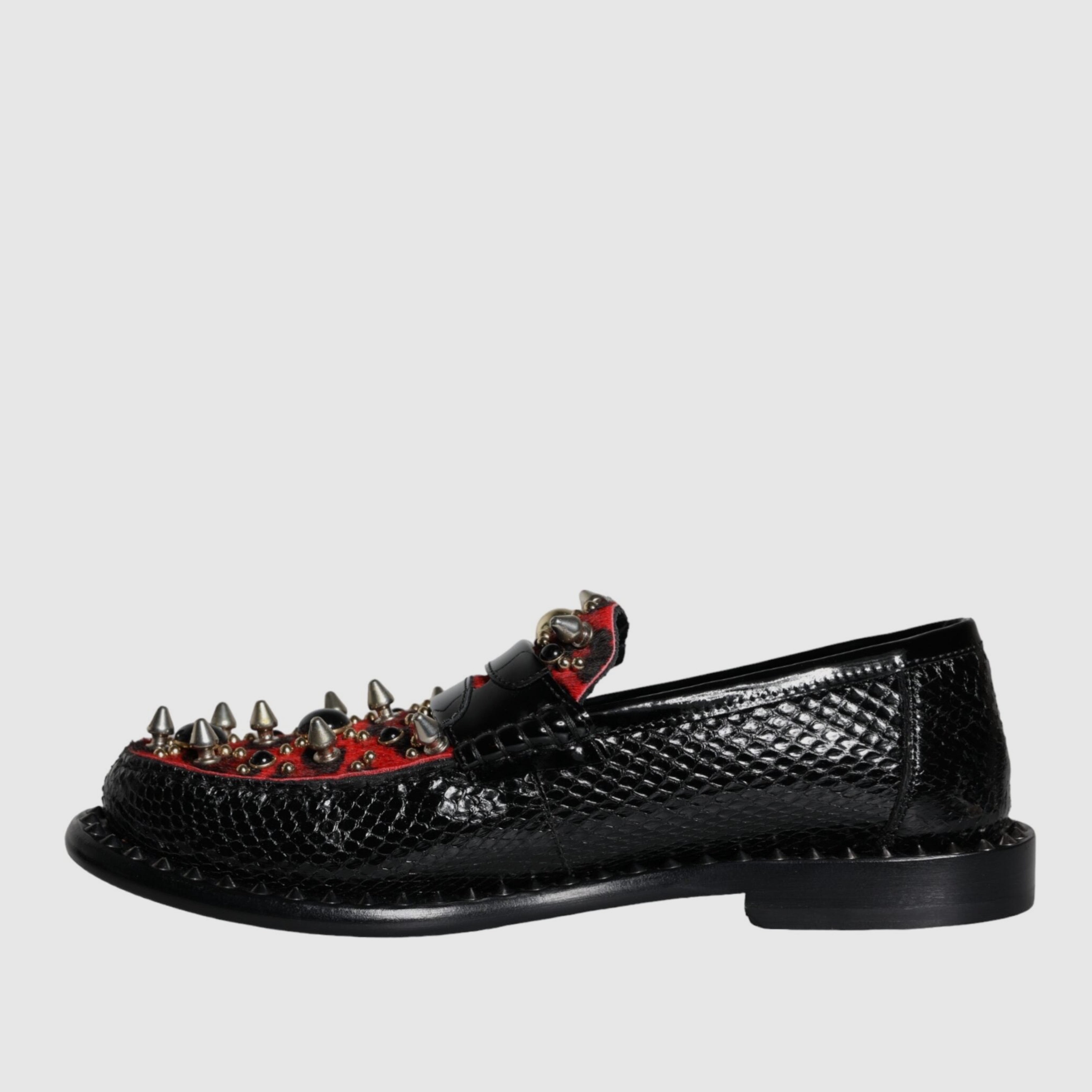 Мъжки лимитирани екстравагантни мокасини лоуфъри Dolce & Gabbana Men’s Black Leopard Print Studs Leather Loafers