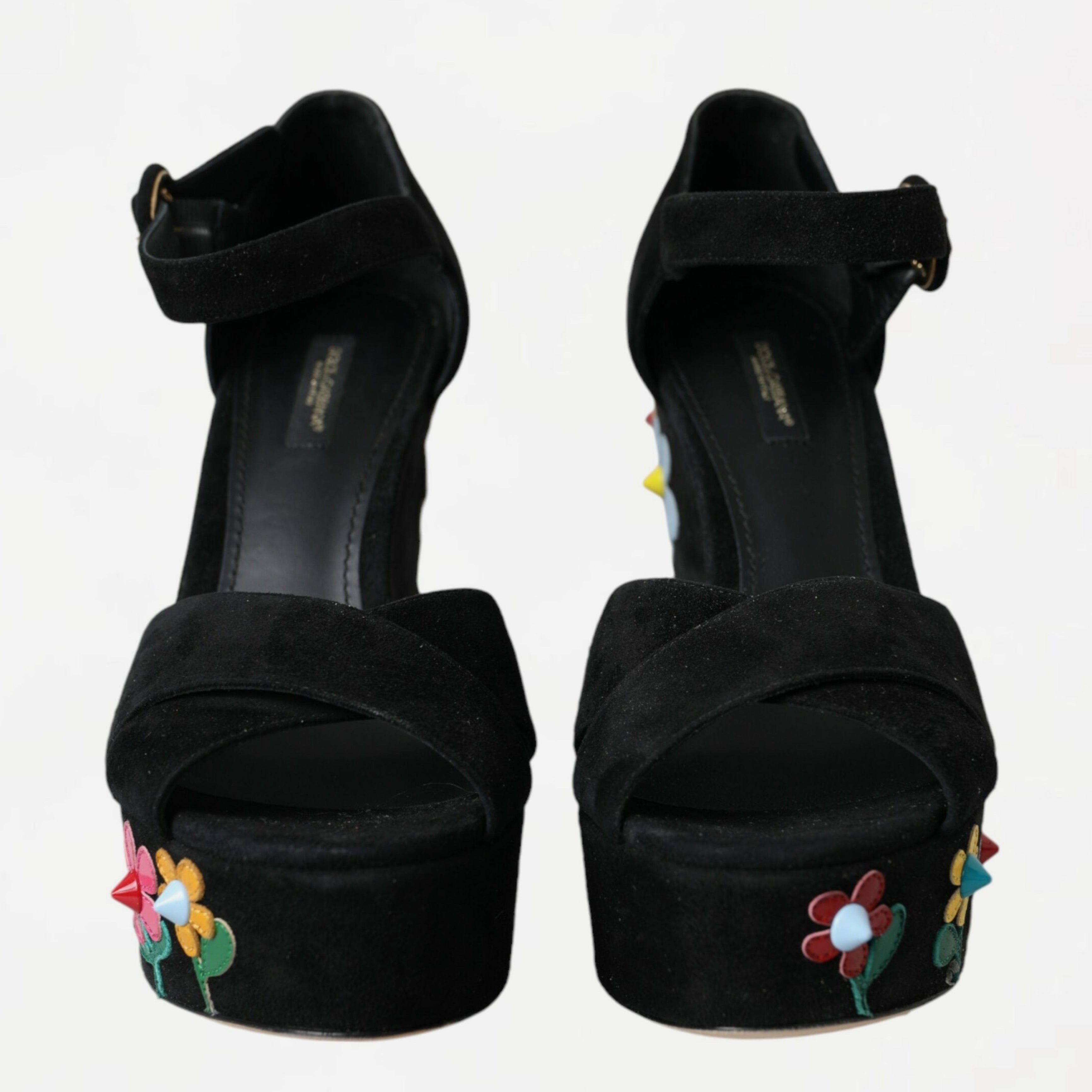 Дамски луксозни обувки на висок ток с флорални мотиви Dolce & Gabbana Mama Mia Black Floral Ankle Strap Heels в черно