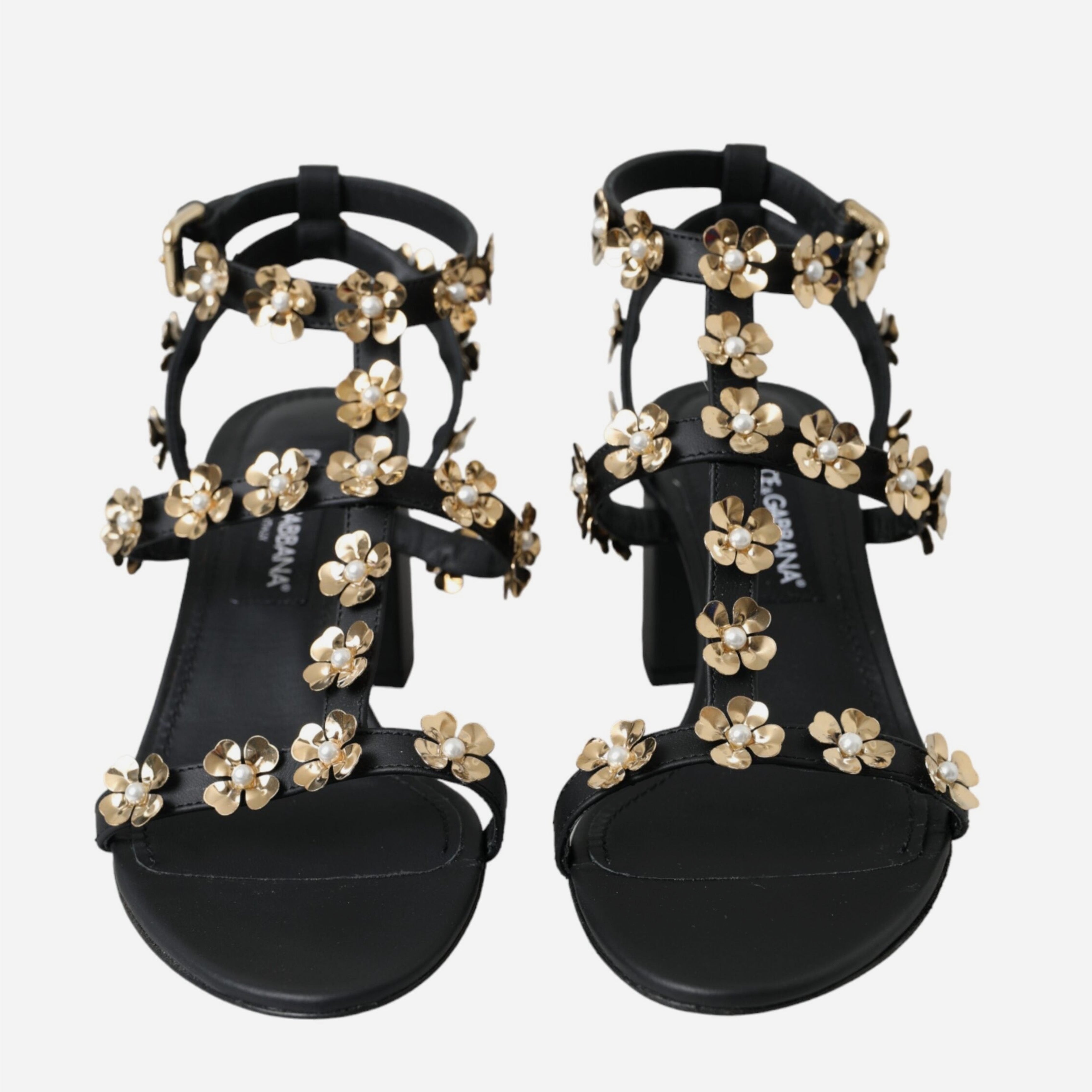 Дамски сандали от естествена кожа в черно с украса от цветенца DOLCE & GABBANA Women’s Black Leather Embellished Sandals