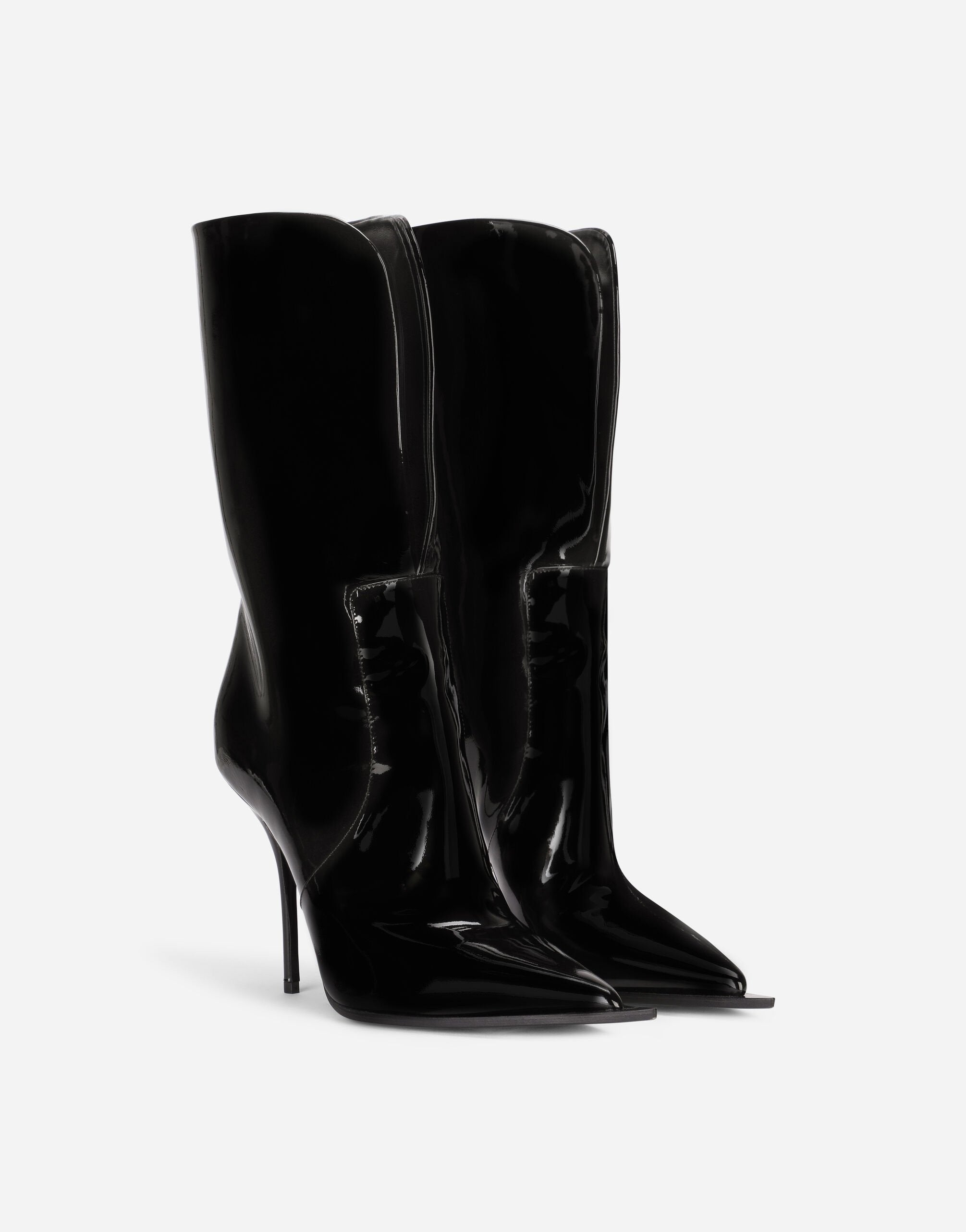 Дамски луксозни кожени ботуши в черно Dolce & Gabbana Women’s Black Patent Leather Mid Calf Boots