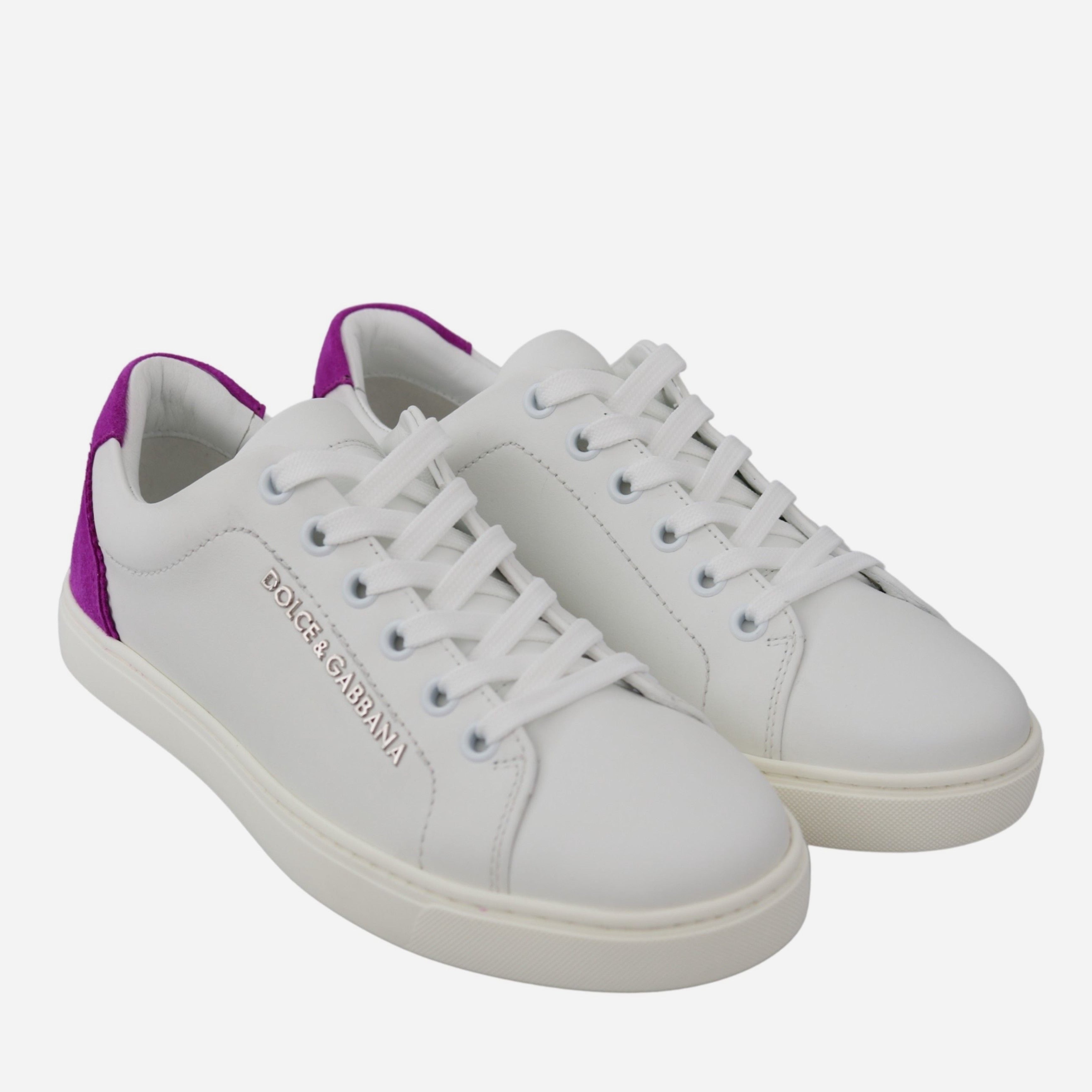 Дамски ежедневни кецове от естествена кожа в бяло Dolce & Gabbana Women’s Chic White Leather Sneakers with Purple Accents