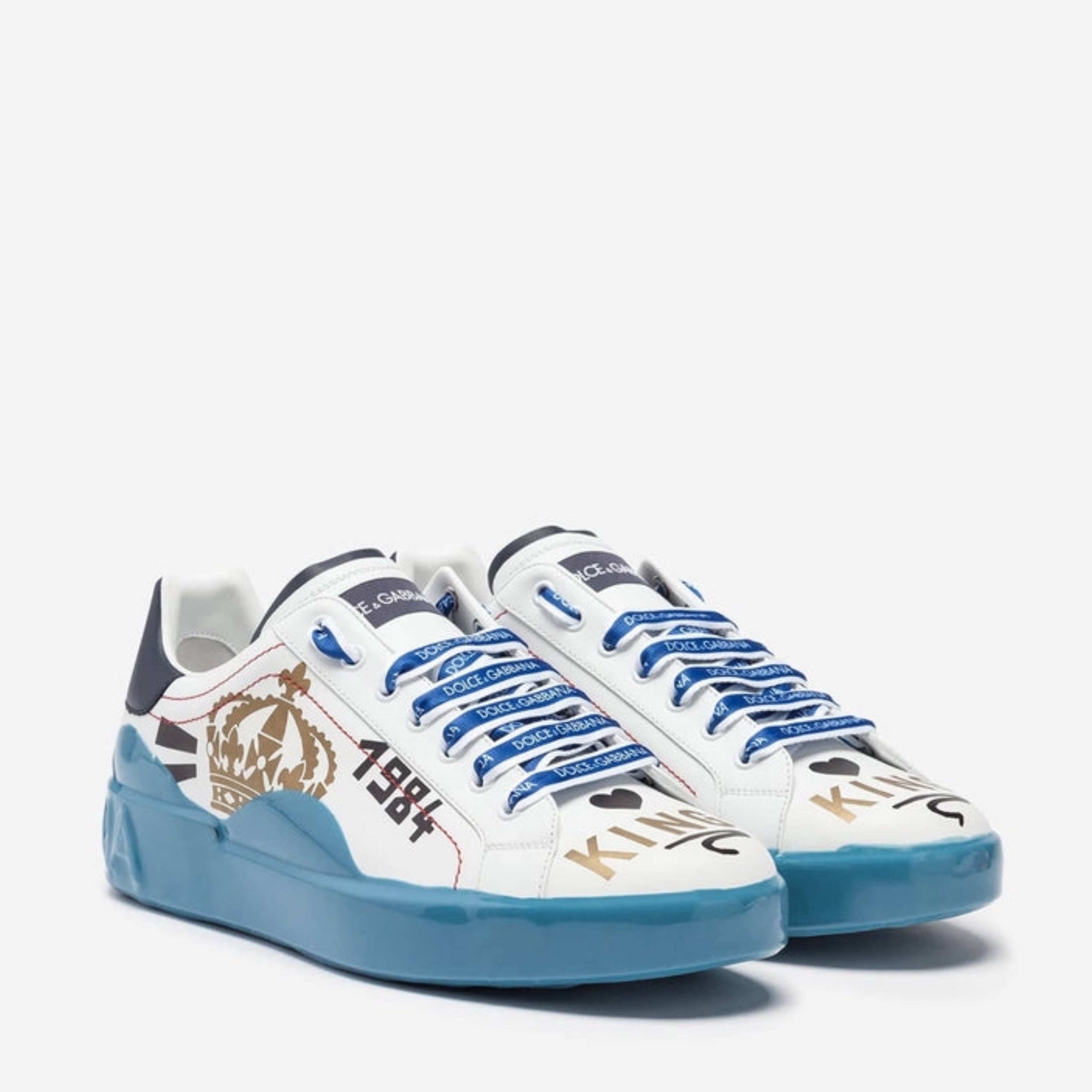 Дамски луксозни кецове Dolce & Gabbana White and Light Blue Printed Portofino Melt Sneakers 