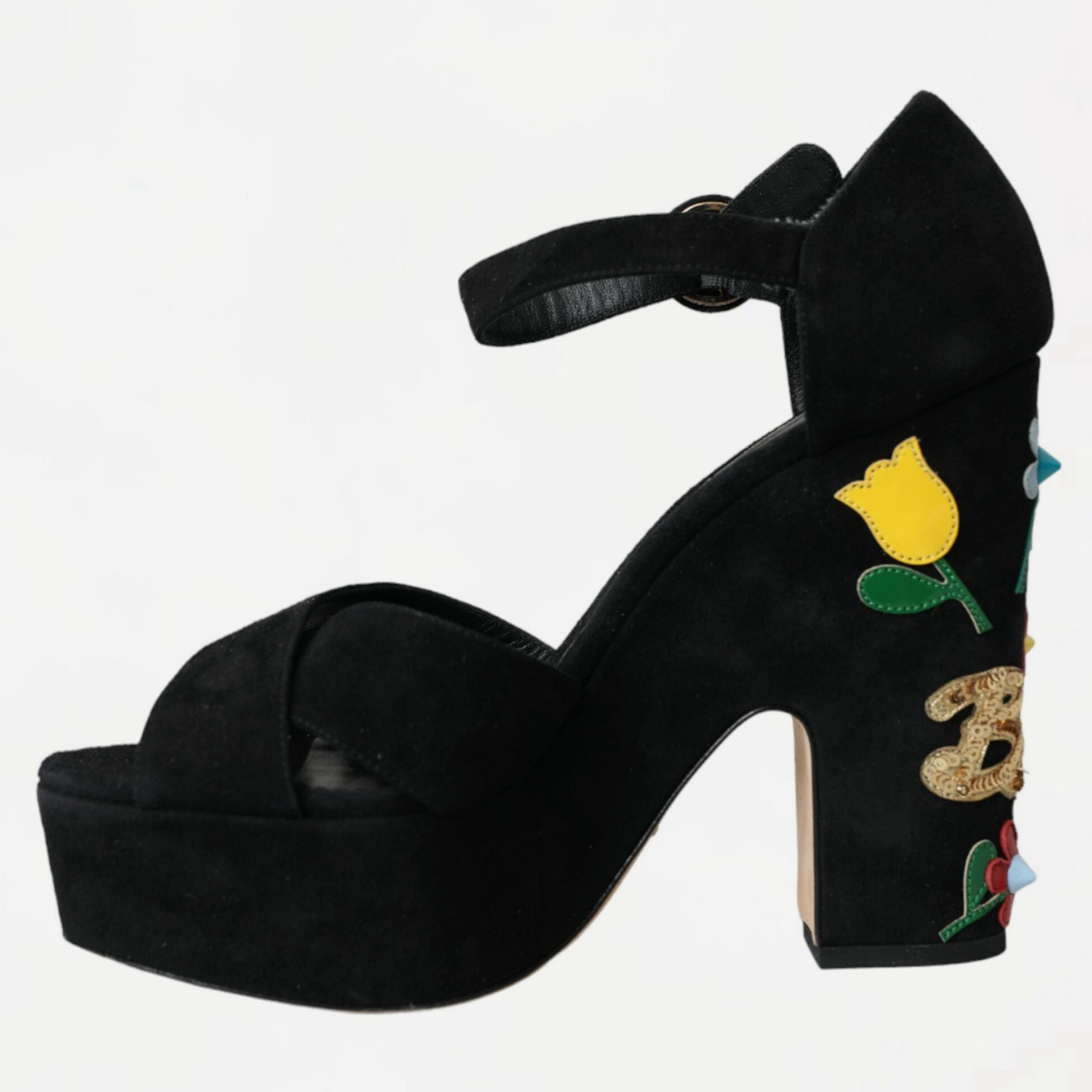 Дамски луксозни обувки на висок ток с флорални мотиви Dolce & Gabbana Mama Mia Black Floral Ankle Strap Heels в черно