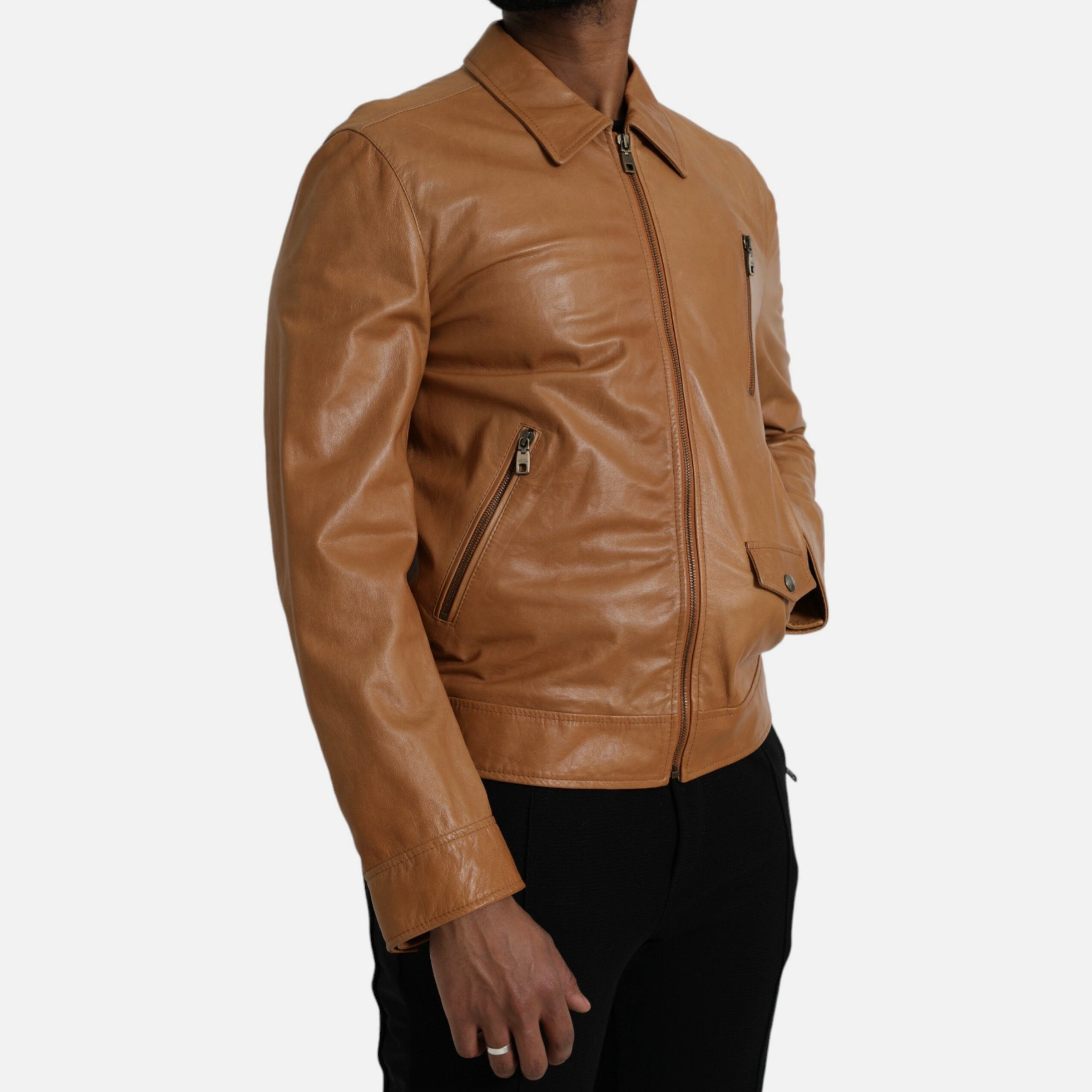 Мъжко кожено яке в кафяво Dolce & Gabbana Brown Lamb Leather Full Zip Men Jacket от естествена кожа