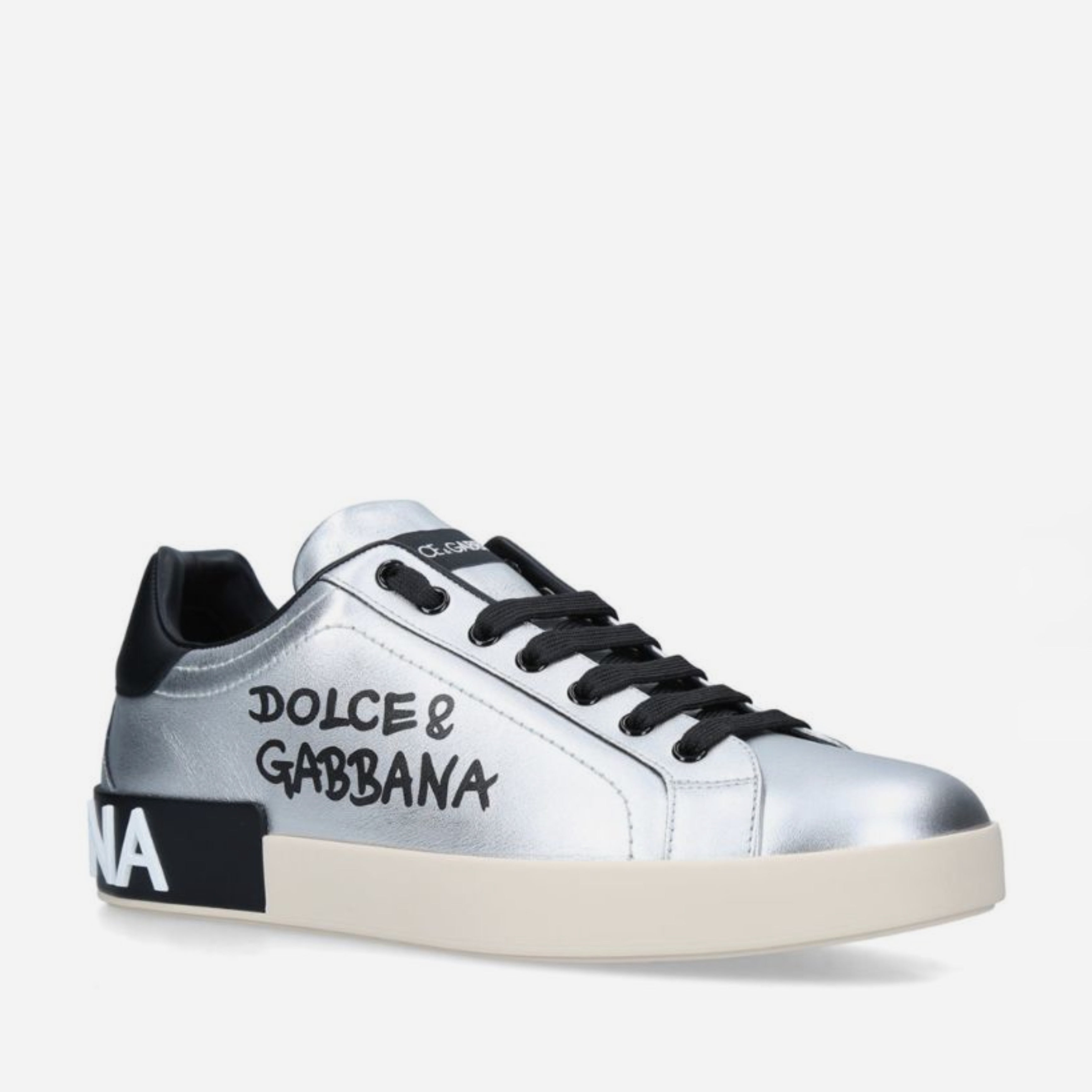 Дамски луксозни кецове от естествена кожа в сребристо Dolce & Gabbana Women’s Silver Portofino Calf Leather Sneakers