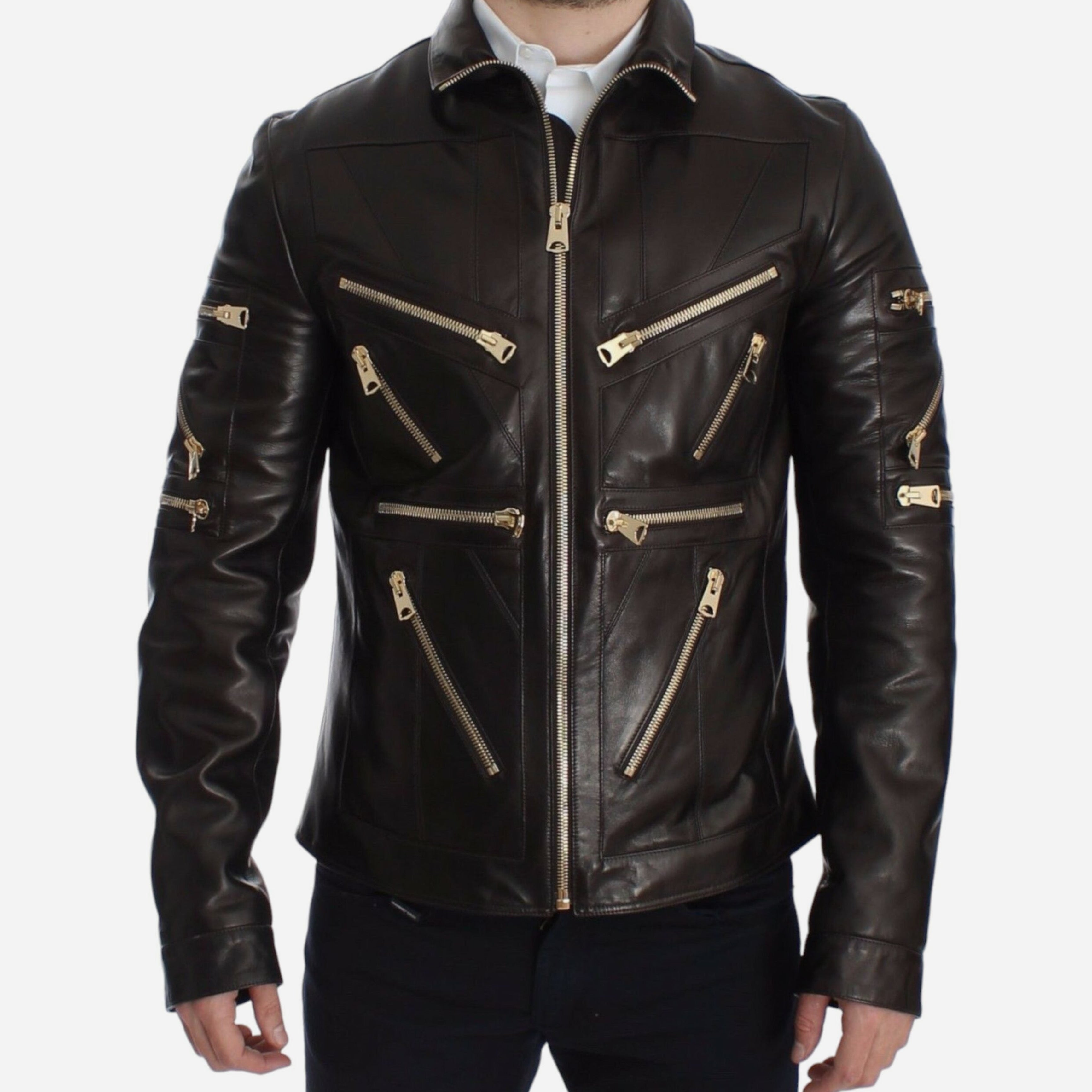 Мъжко кожено яке от естествена кожа с ципове Dolce & Gabbana Men Elegant Brown Gold-Detailed Leather Jacket