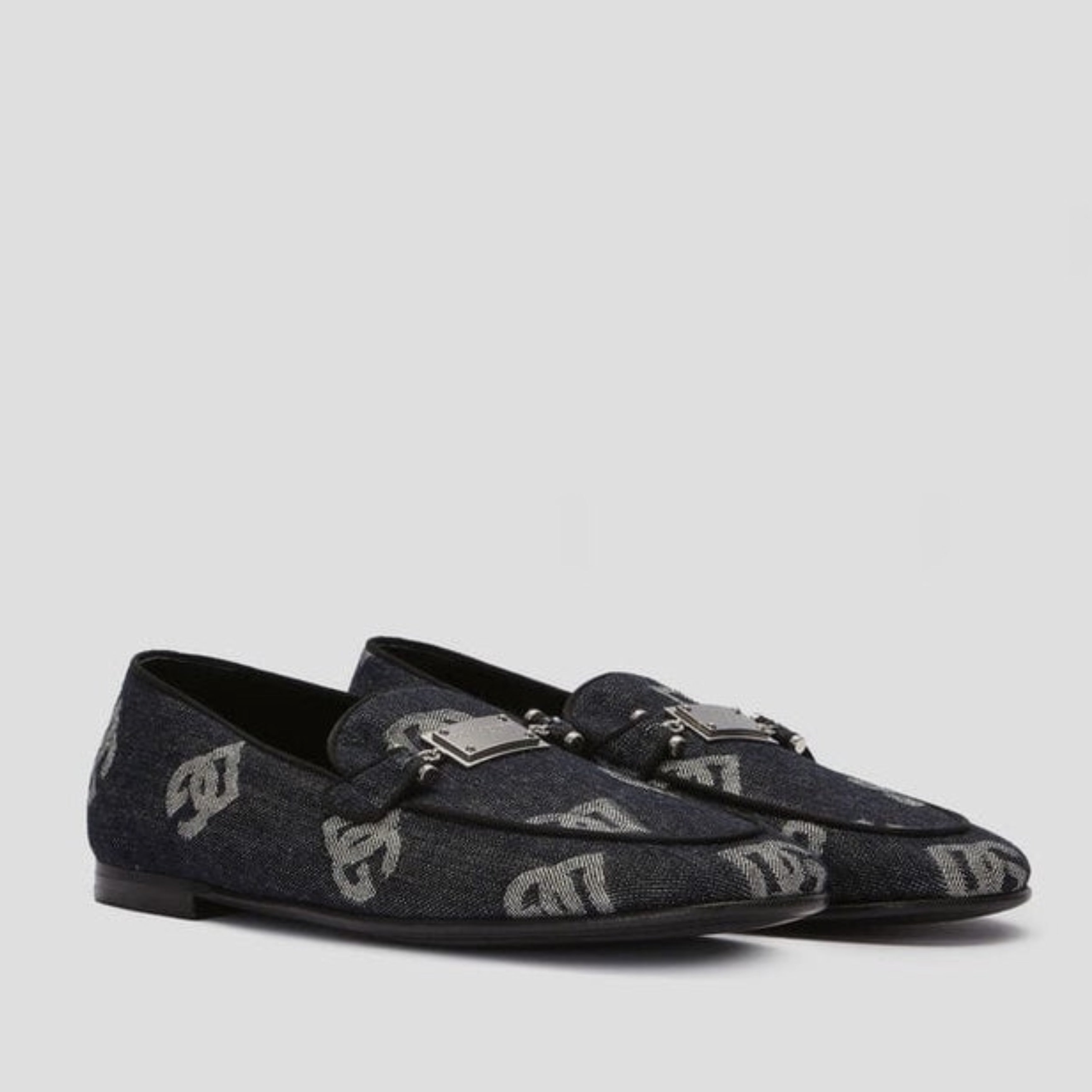 Мъжки луксозни мокасини от деним в черно Dolce & Gabbana Black Denim DG Logo Loafers