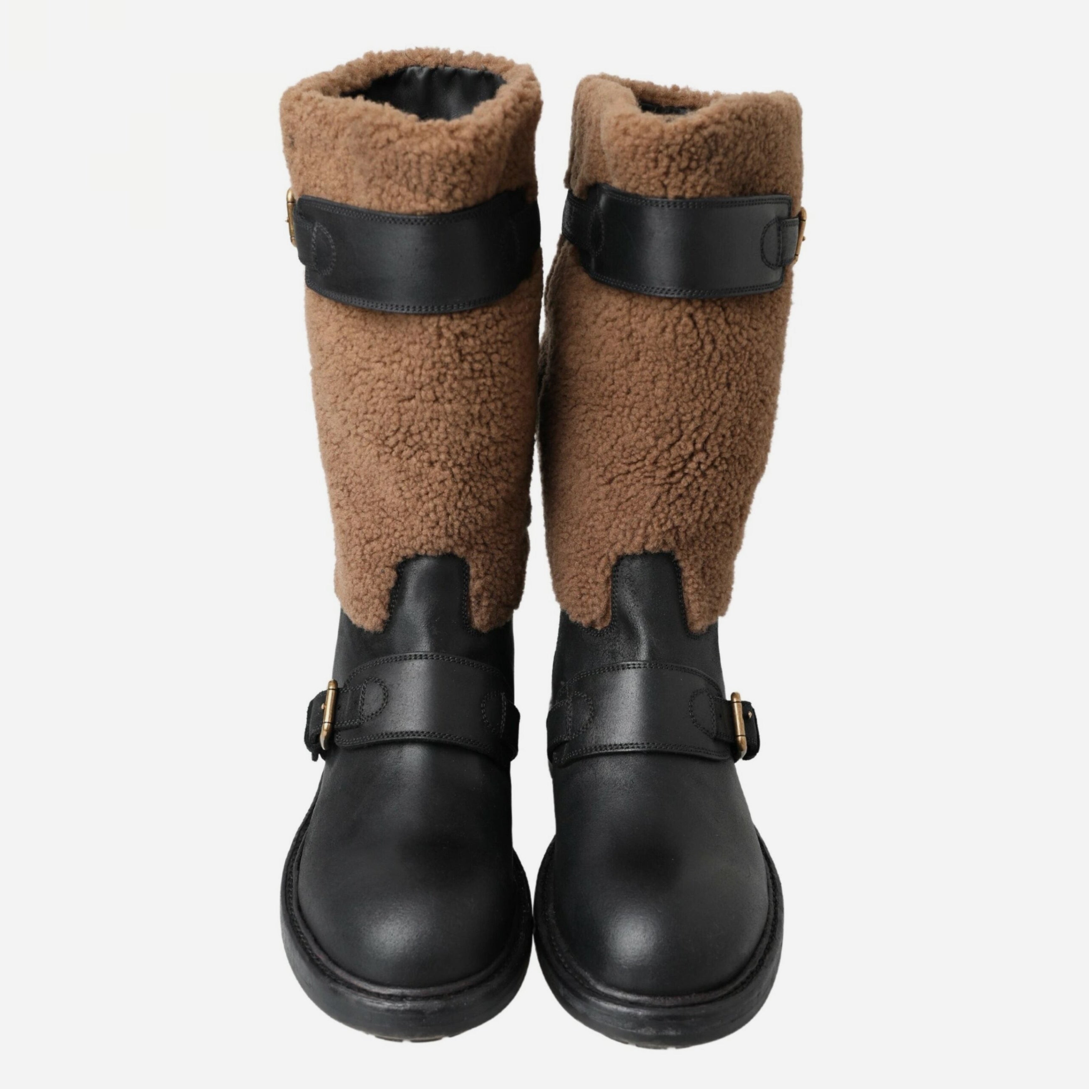 Мъжки луксозни гвардейски ботуши с овча вълна Dolce&Gabbana Black Shearling Leather Long Boots