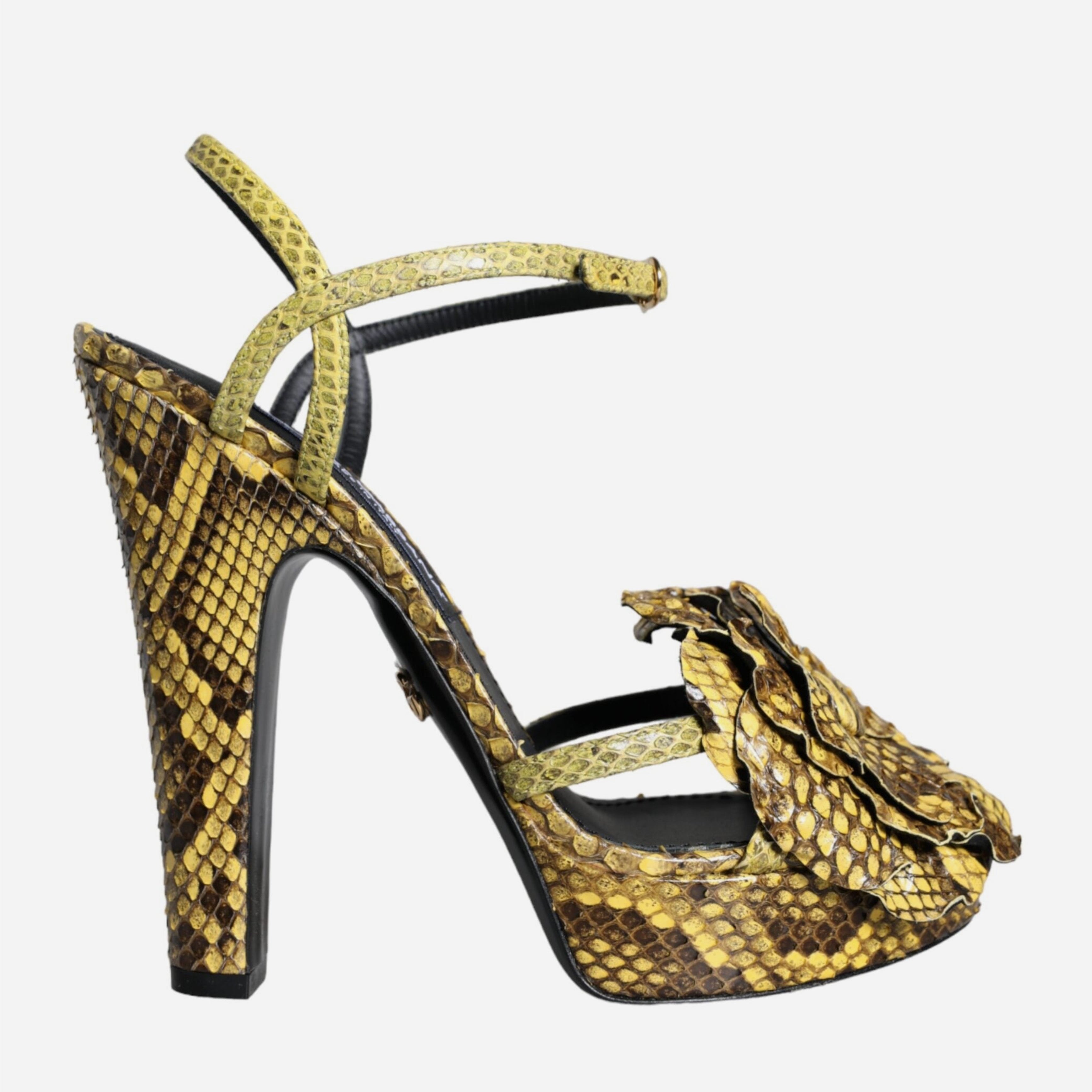 Дамаки луксозни сандали на висок ток от кожа на питон в жълто DOLCE & GABBANA Women’s Luxury Yellow Python Leather Heels Sandals