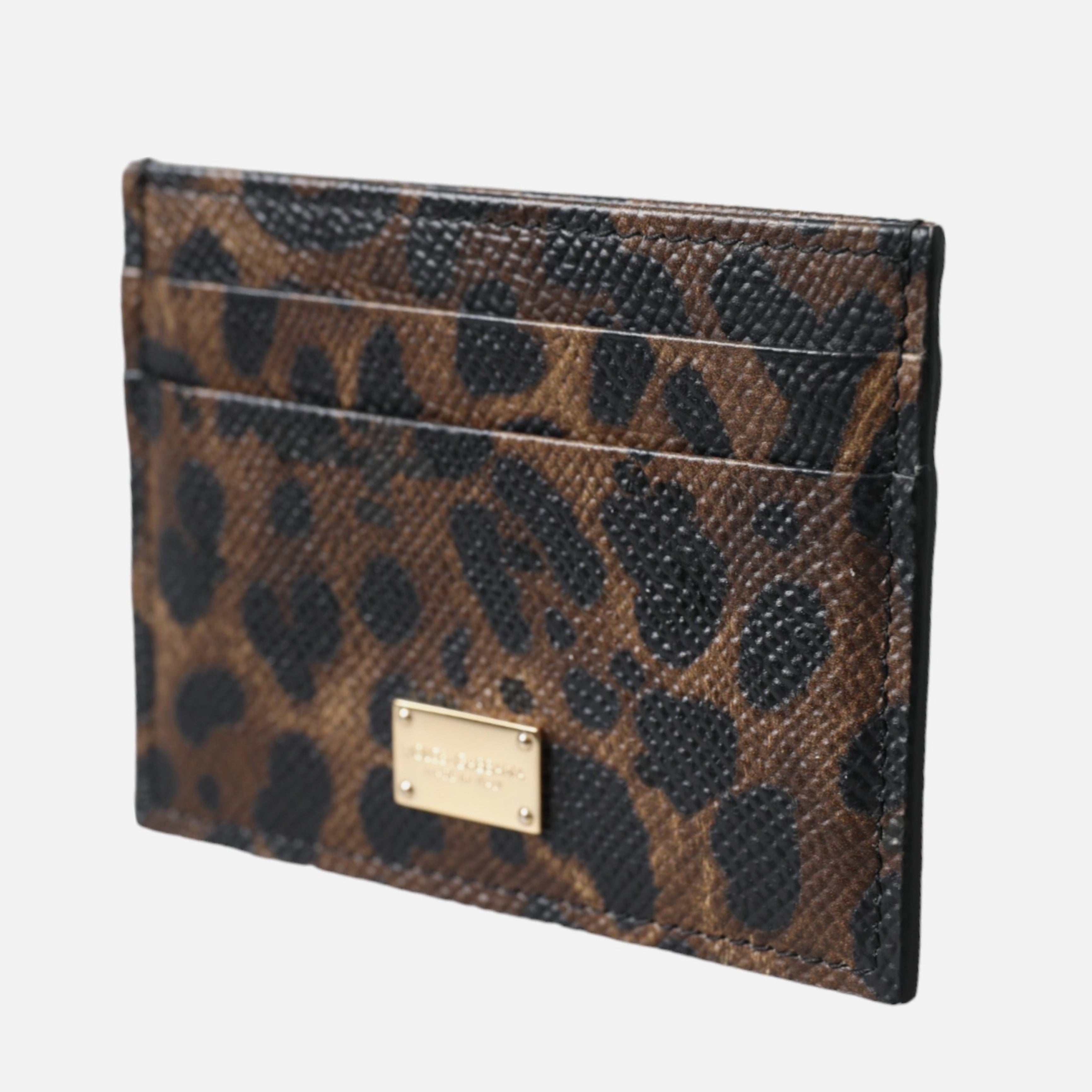 Дамски луксозен леопардов кардхолдър от естествена кожа Dolce & Gabbana Women’s Brown Leather Leopard Logo Plaque Women Cardholder