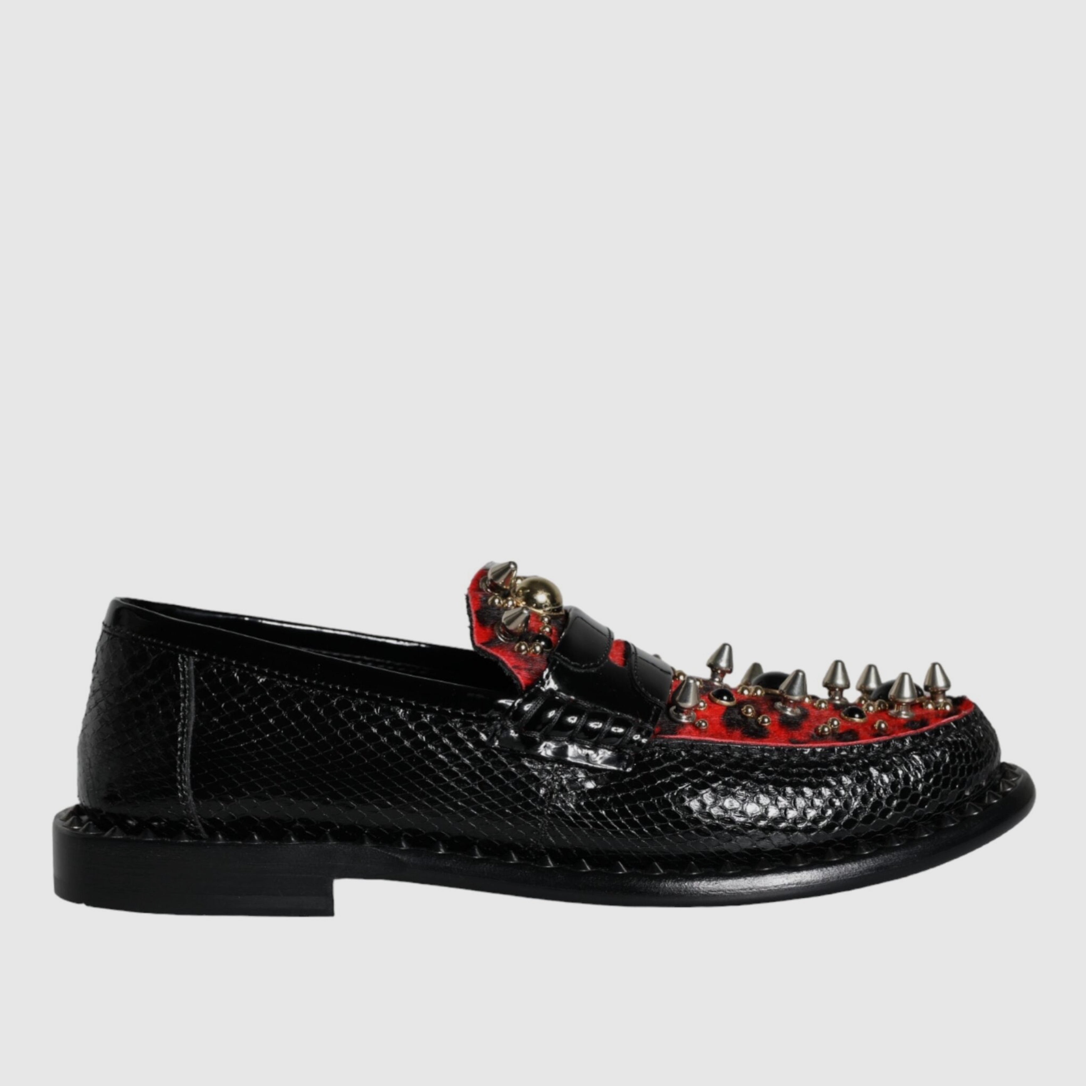 Мъжки лимитирани екстравагантни мокасини лоуфъри Dolce & Gabbana Men’s Black Leopard Print Studs Leather Loafers