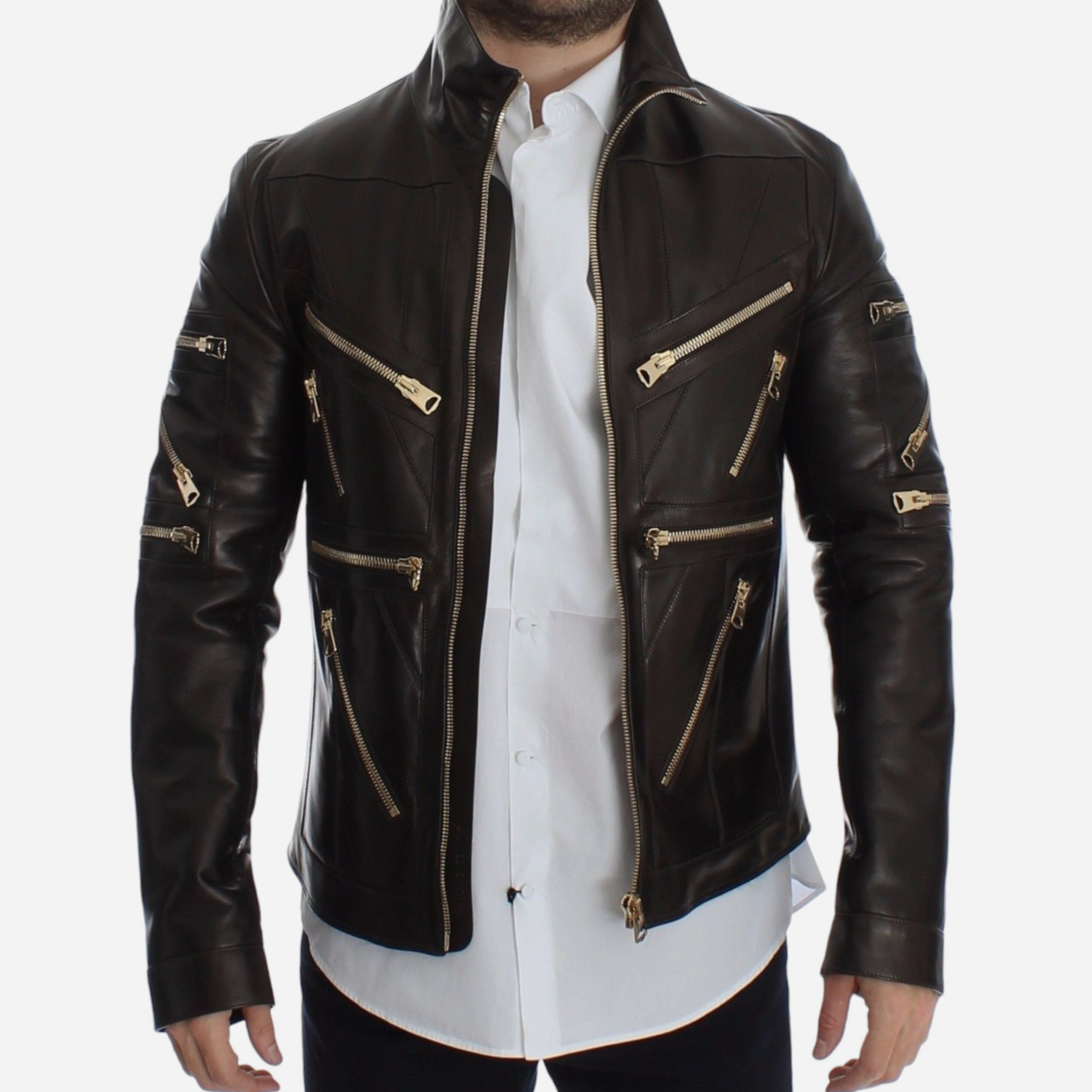 Мъжко кожено яке от естествена кожа с ципове Dolce & Gabbana Men Elegant Brown Gold-Detailed Leather Jacket