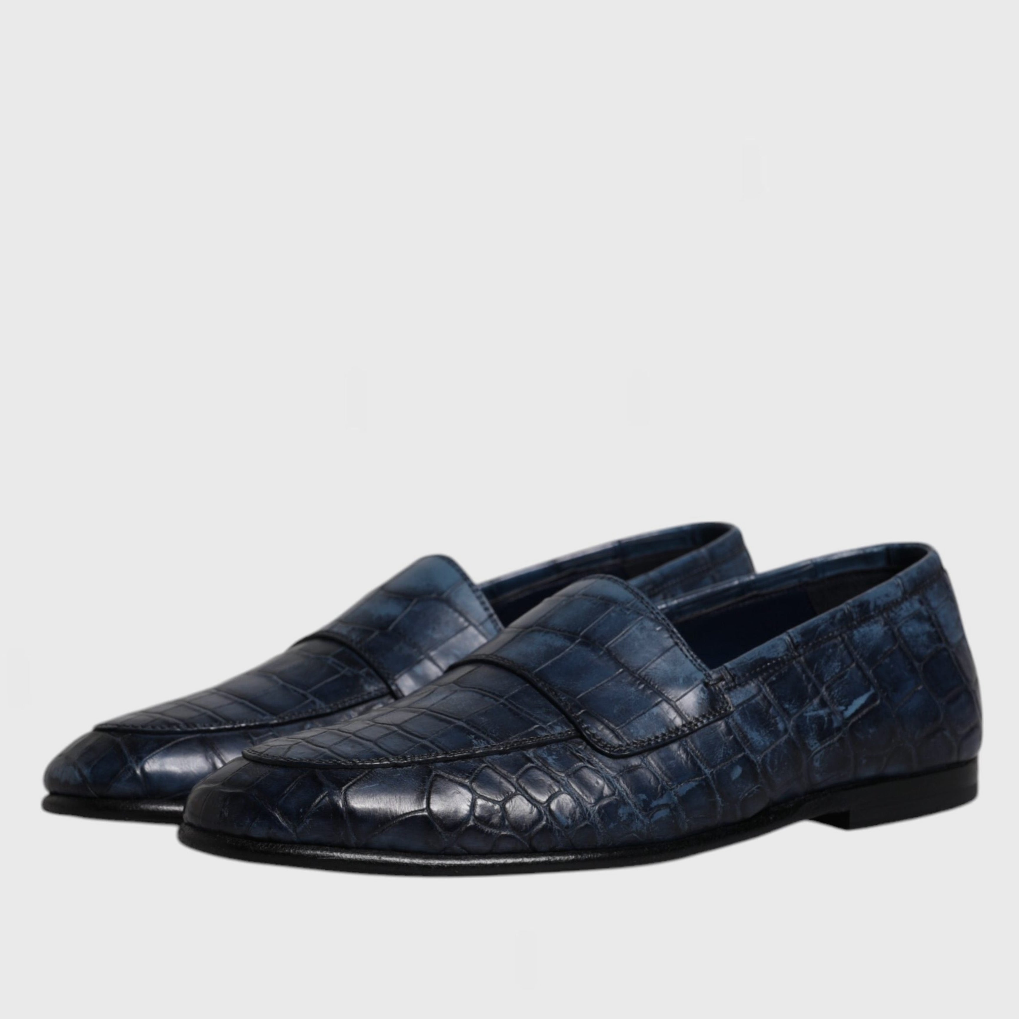 Мъжки луксозни тъмносини мокасини лоуфъри от крокодилска кожа DOLCE & GABBANA Men’s Blue Crocodile Leather Luxury Loafers