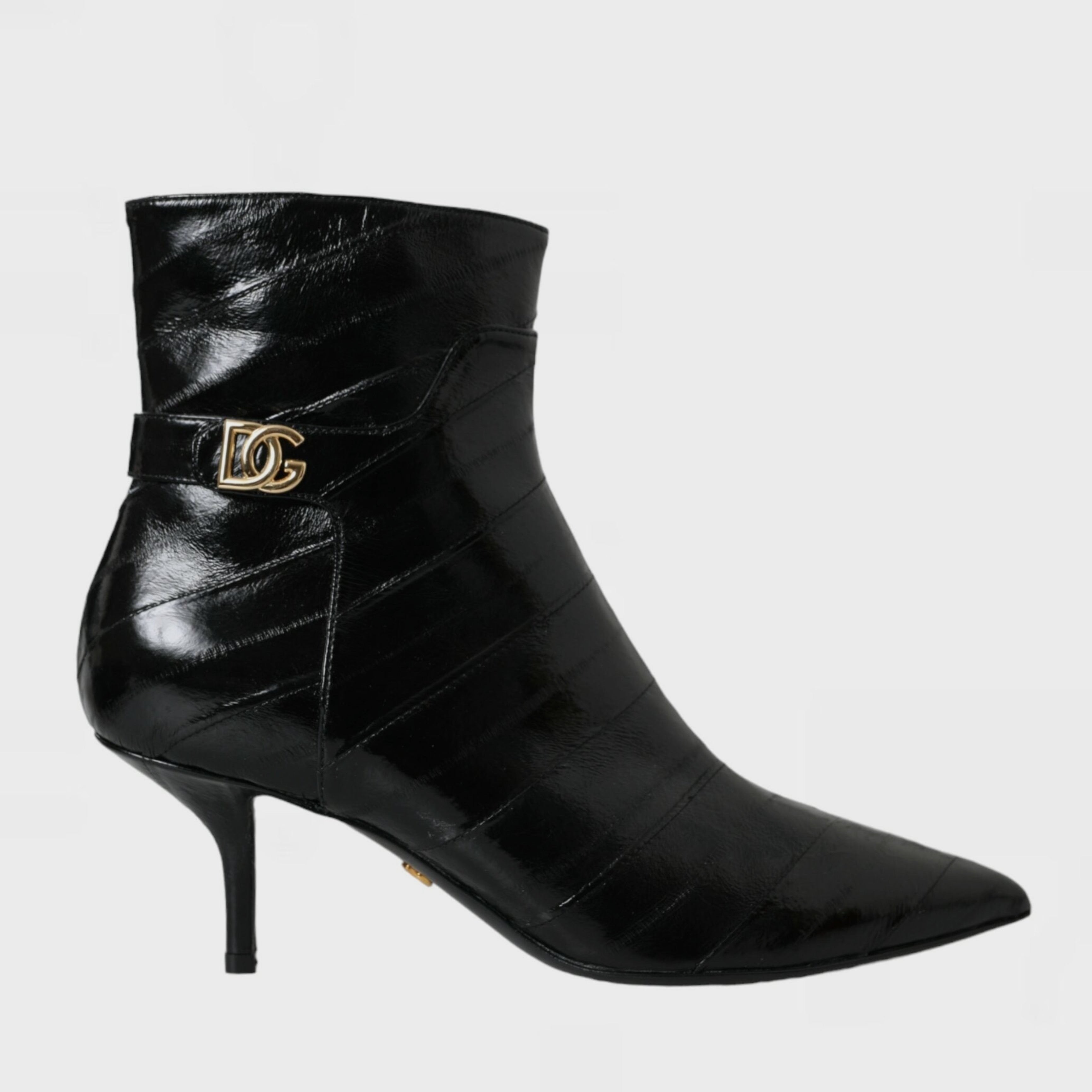 Дамски черни обувки боти на висок ток от естествена кожа от змиорка Dolce & Gabbana Black Eel Leather DG Logo Ankle Boots