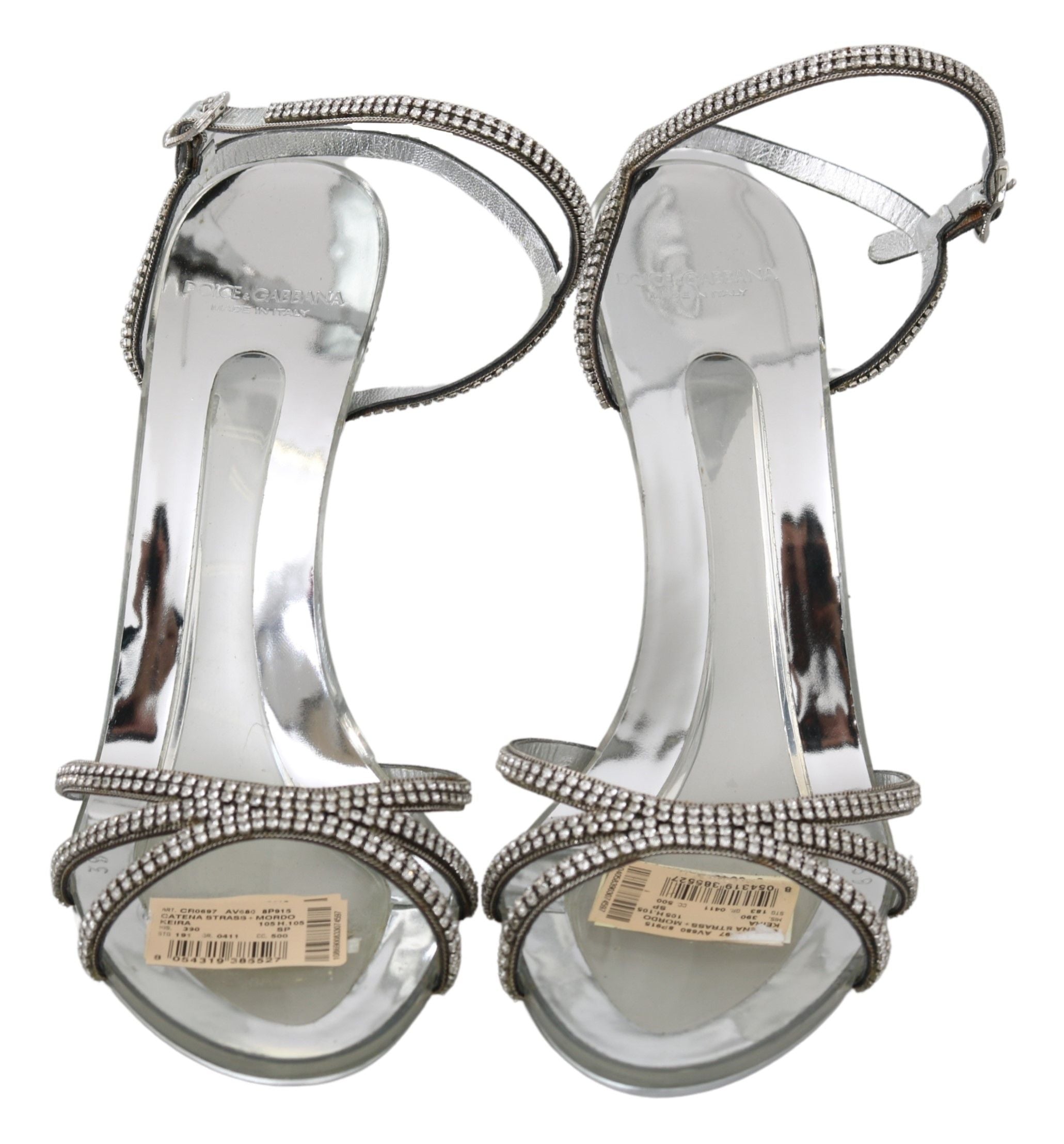 Dolce & Gabbana Silver Leather Ankle Strap Sandals with Crystals