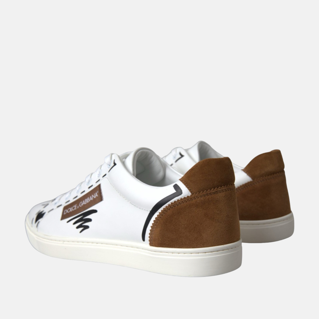 Мъжки бяло кафяви кецове Dolce & Gabbana White Brown Leather Logo Low Top Sneakers