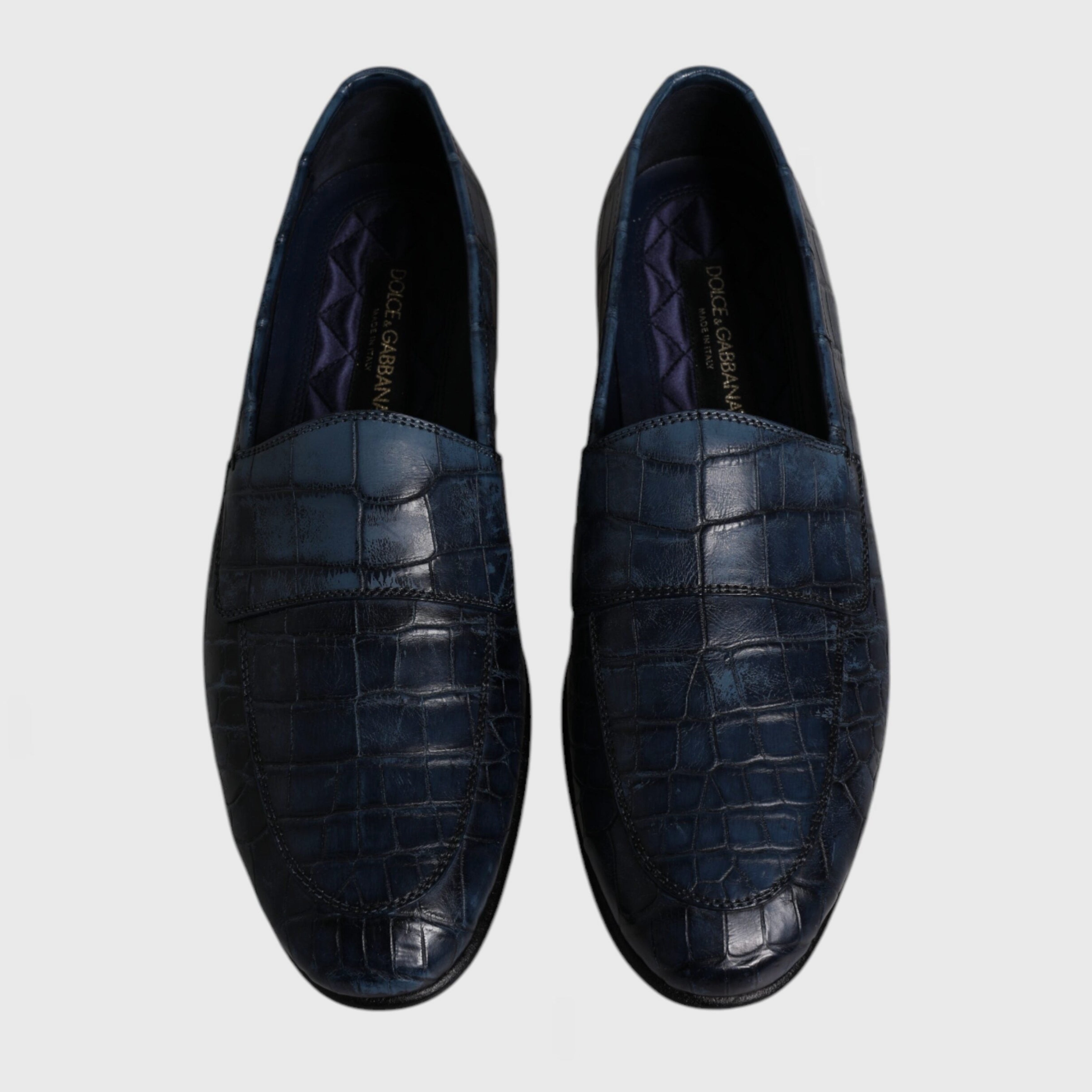 Мъжки луксозни тъмносини мокасини лоуфъри от крокодилска кожа DOLCE & GABBANA Men’s Blue Crocodile Leather Luxury Loafers