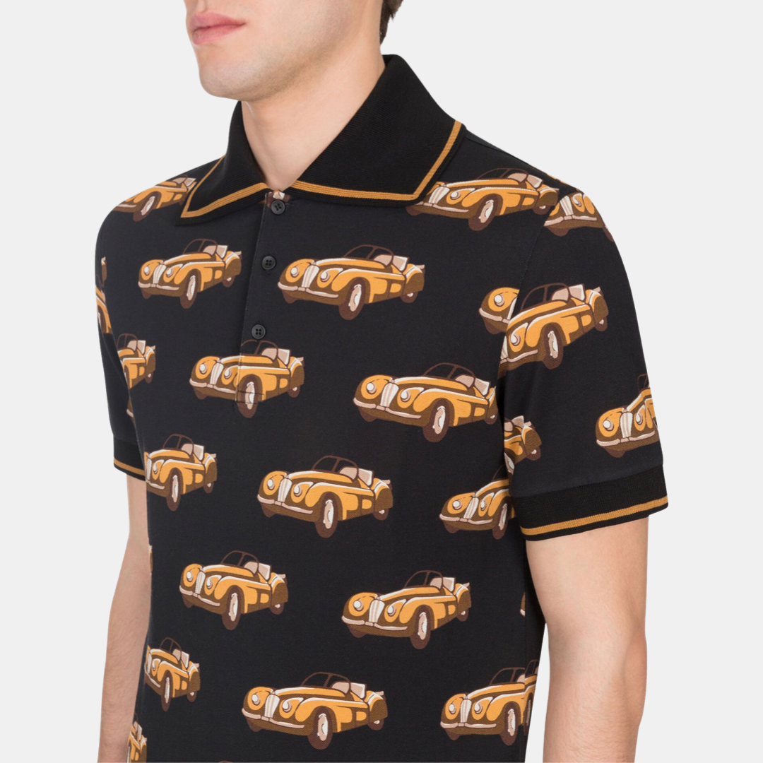 Мъжка поло тениска Dolce & Gabbana Black Car Print Short Sleeve Polo T-shirt