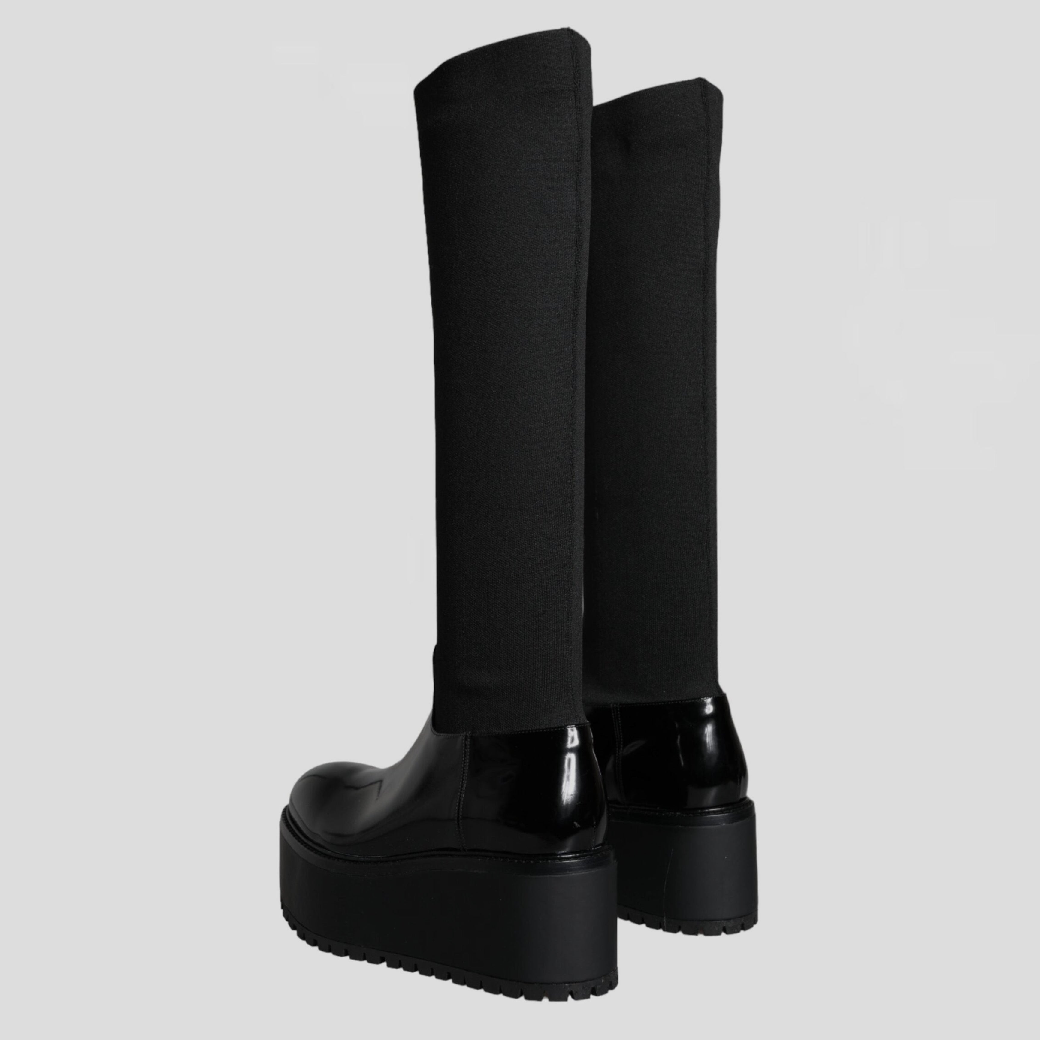 Дамски екстравагантни високи ботуши на висока платформа в черно Dolce & Gabbana Women’s Black Leather Jersey Knee High Boots