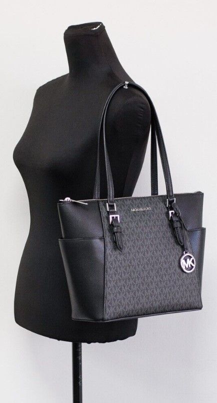 Michael Kors Charlotte Black PVC Leather Large Top Zip Tote Handbag Bag Purse