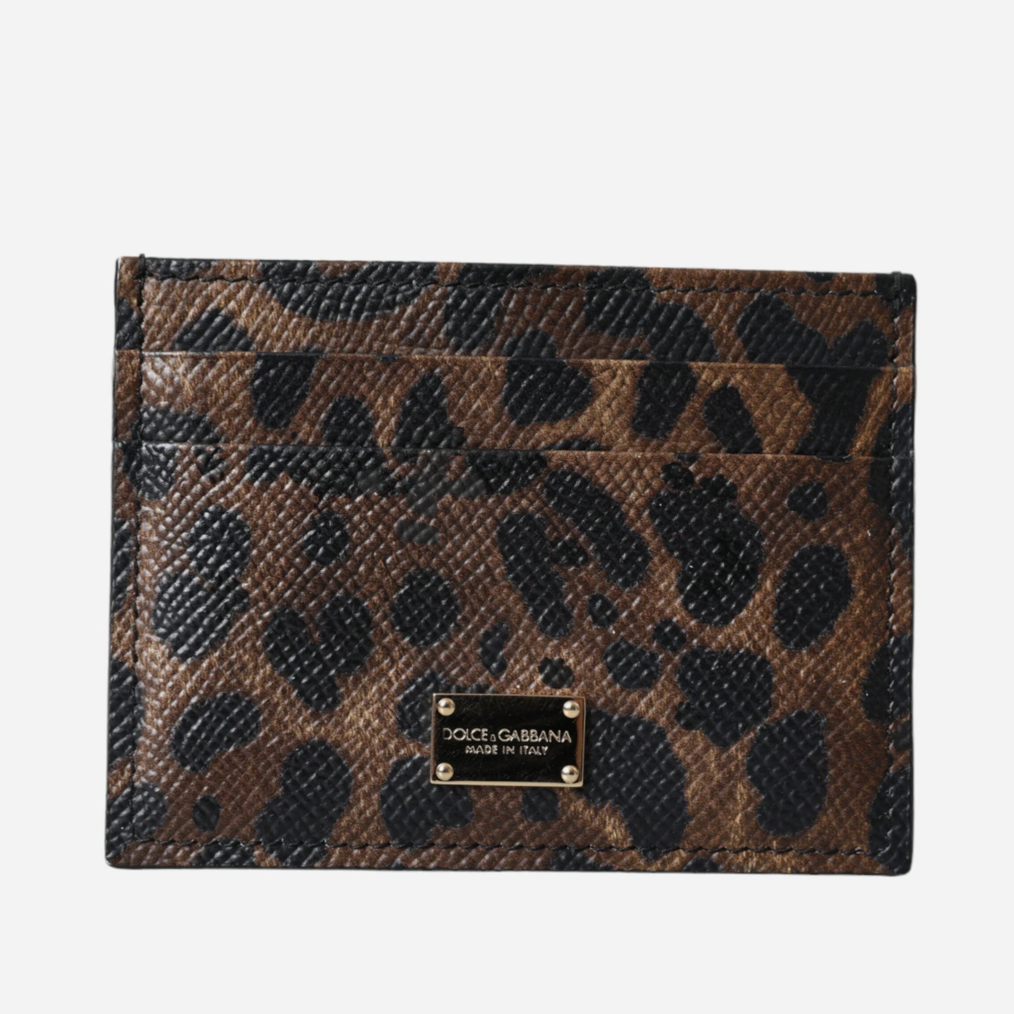 Дамски луксозен леопардов кардхолдър от естествена кожа Dolce & Gabbana Women’s Brown Leather Leopard Logo Plaque Women Cardholder