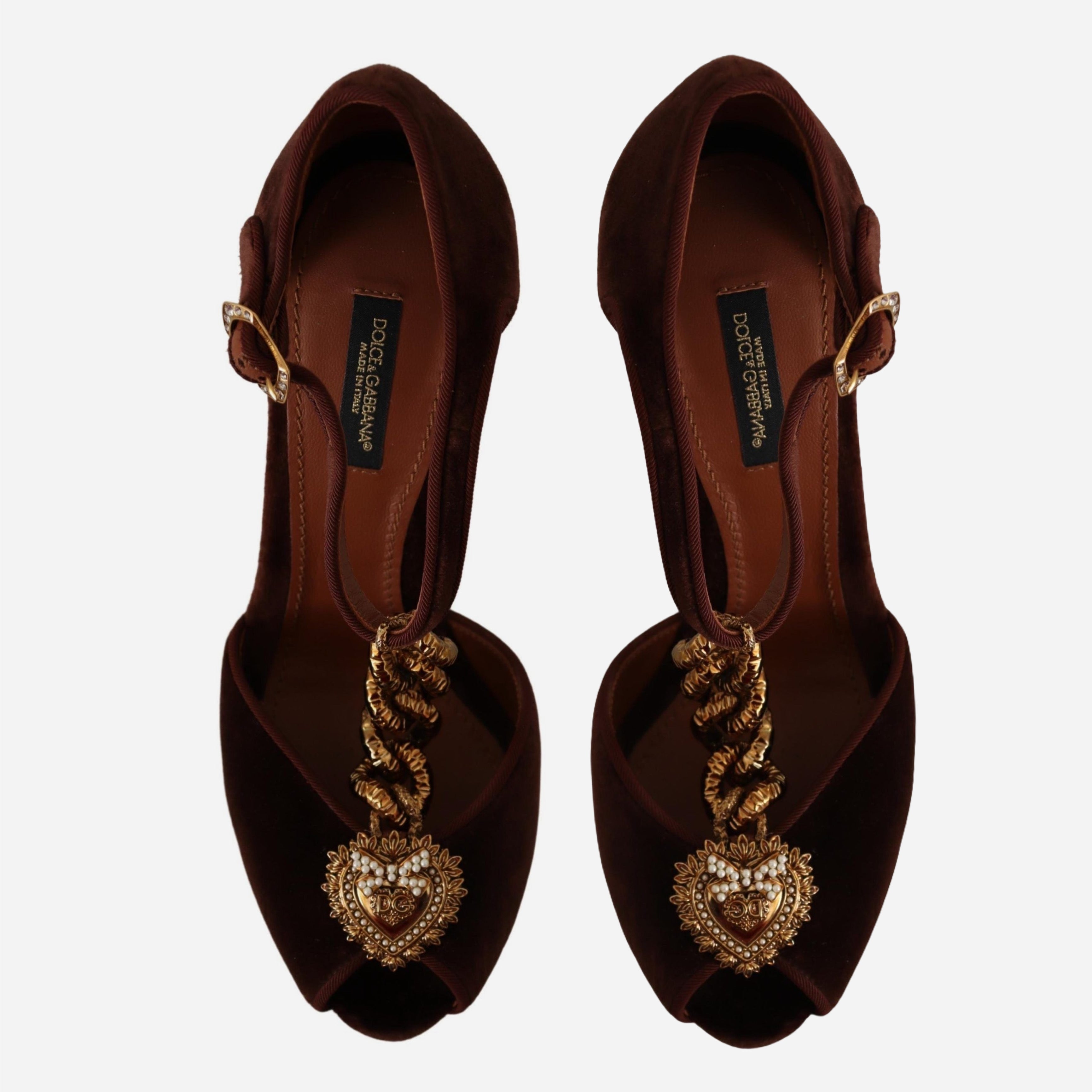 Дамски луксозни кадифени отворени обувки на висок ток в кафяво DOLCE & GABBANA Women’s Luxury Gold Detail Velvet Heels