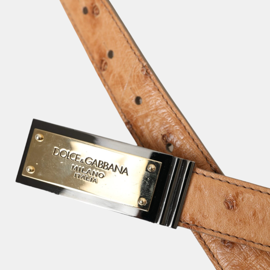 Дамски кожен колан Dolce & Gabbana Beige Leather Gold Logo Engraved Buckle Belt