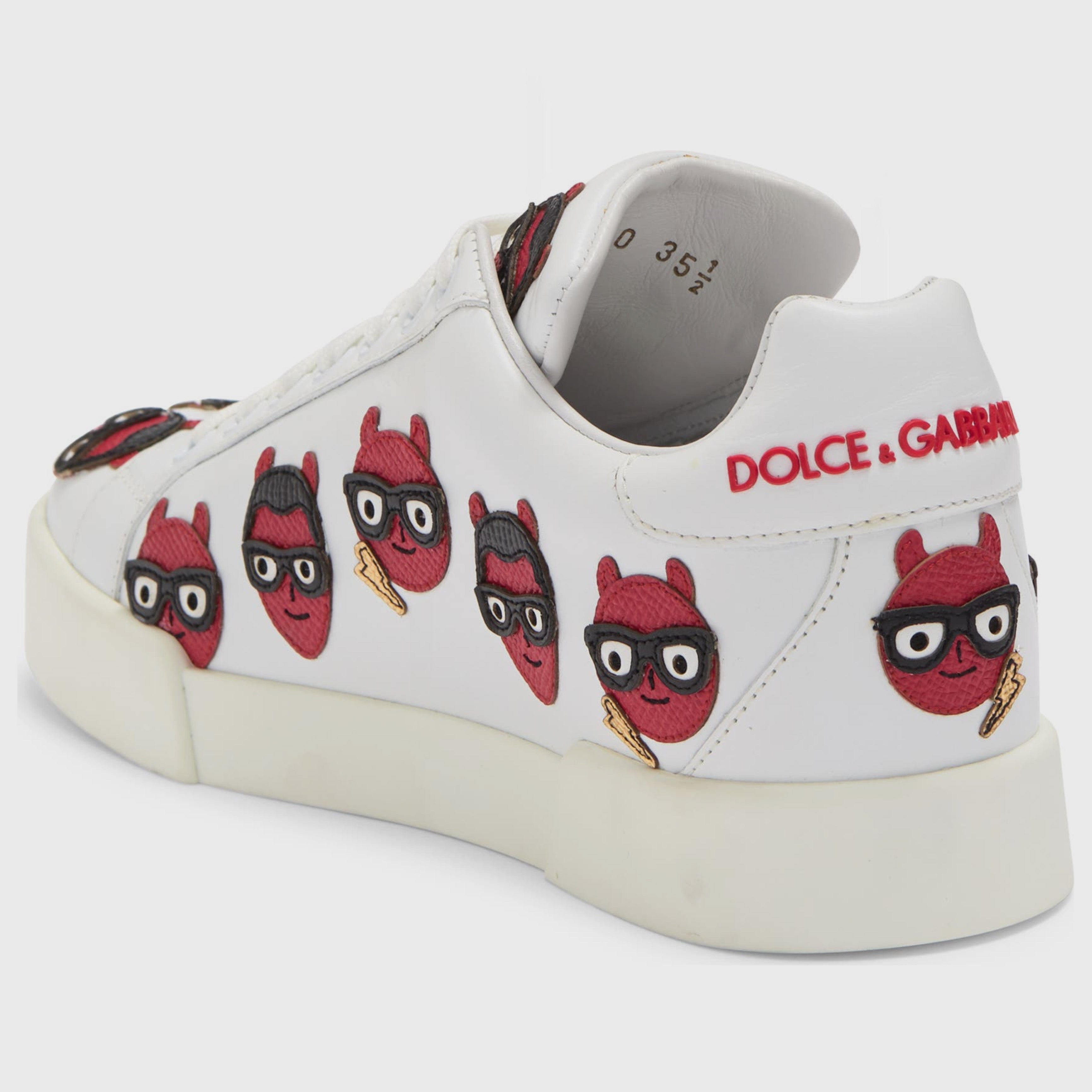 Дамски луксозни кецове от естествена кожа с нашивки в бяло Dolce & Gabbana Women’s White Devil Face Portofino Sneakers