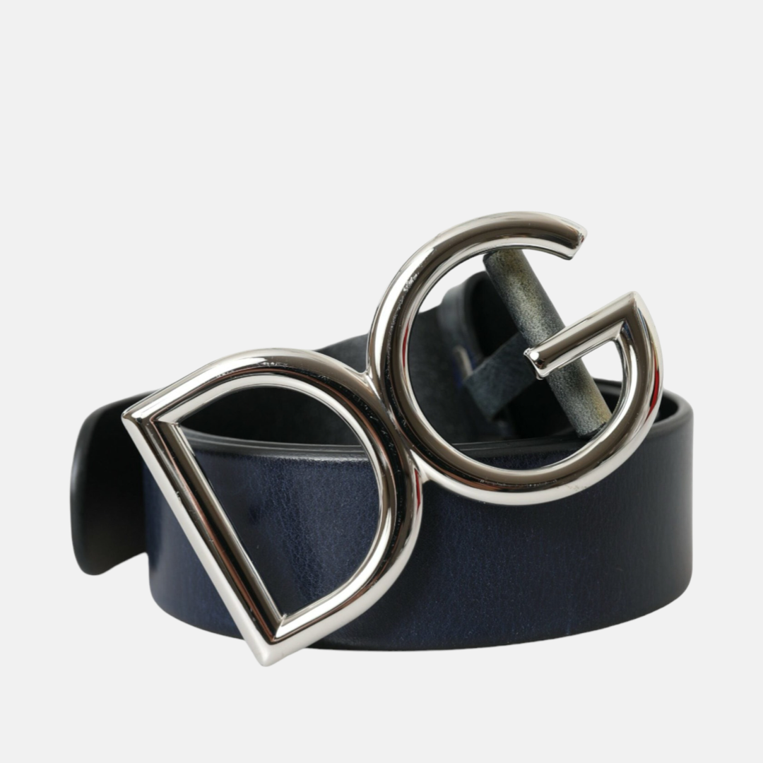 Мъжки син колан Dolce & Gabbana Blue Leather Silver Metal Logo Buckle Belt