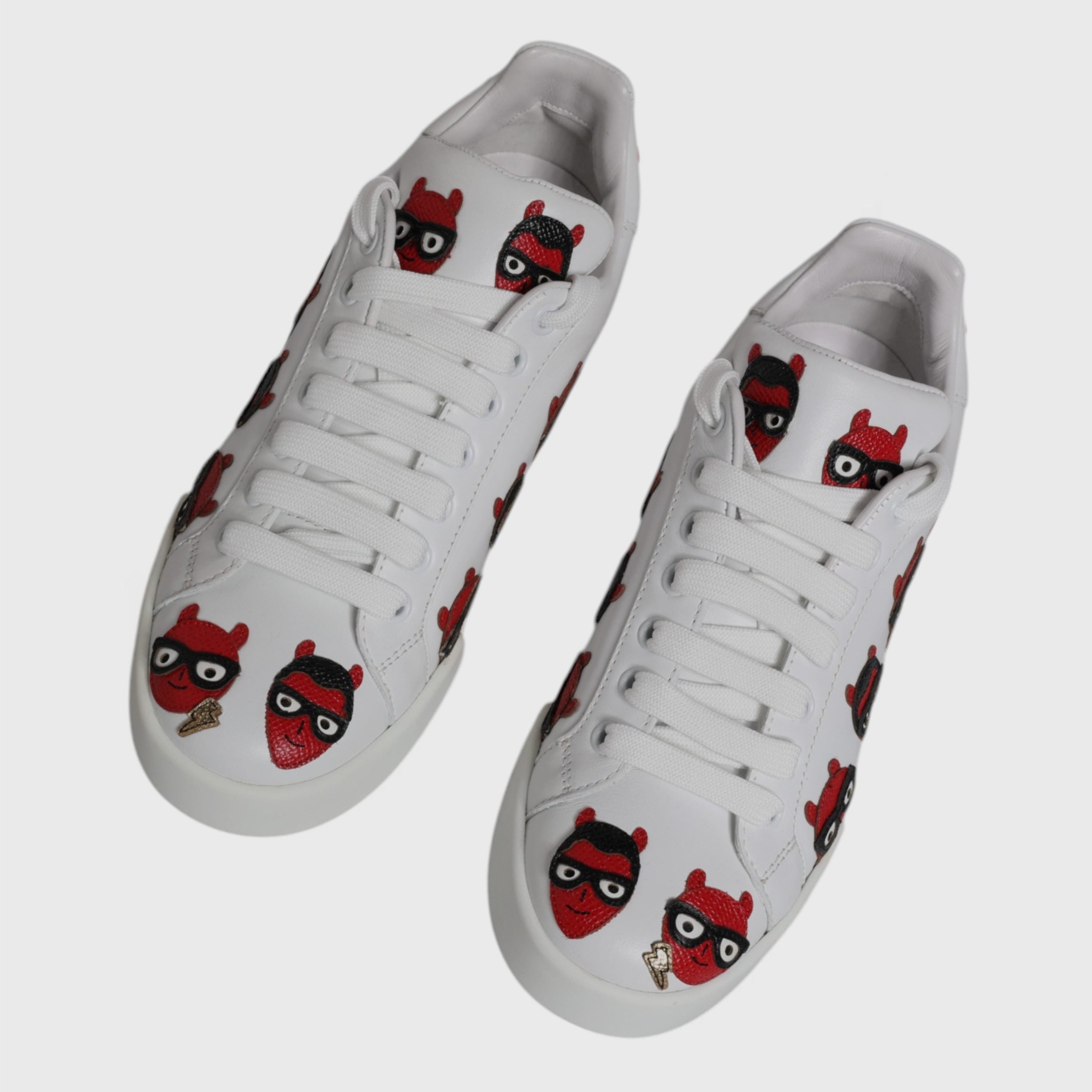 Дамски луксозни кецове от естествена кожа с нашивки в бяло Dolce & Gabbana Women’s White Devil Face Portofino Sneakers