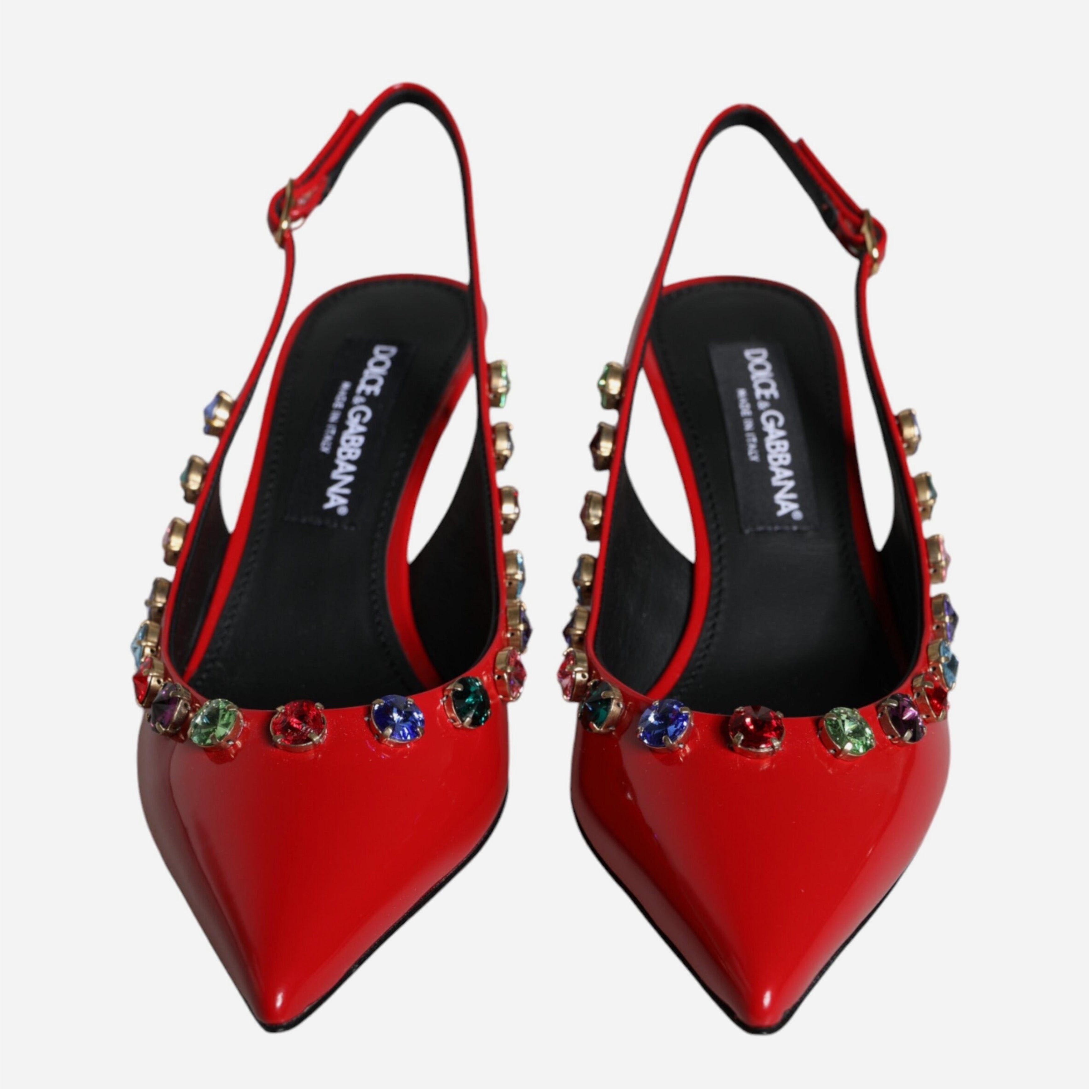 Дамски елегантни червени обувки на токче с разноцветни кристали Dolce & Gabbana Red Leather Crystal Heels Slingback