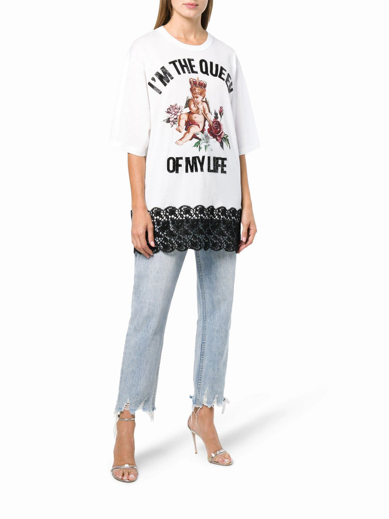 Дамска луксозна тениска с дантела в бяло DOLCE & GABBANA Women’s Luxury White Cotton Blend T-shirt “I’m The Queen of My Life”