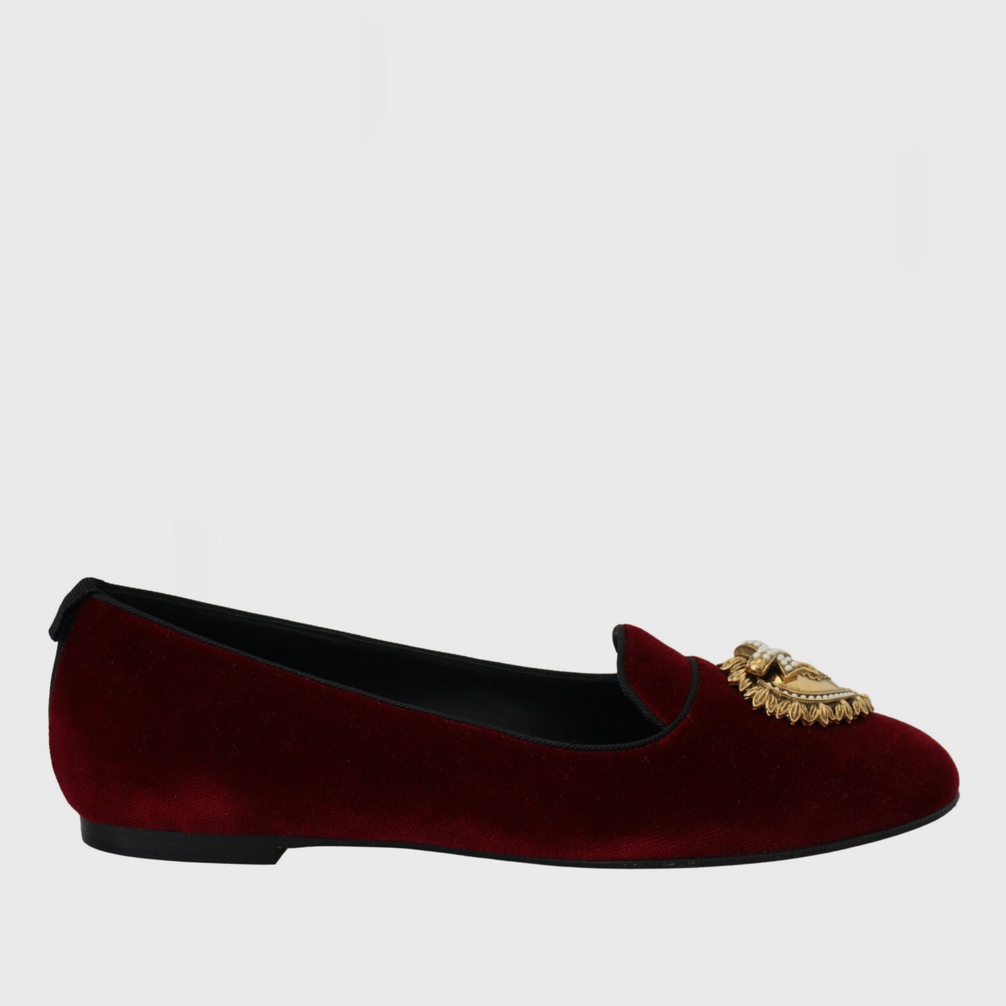 Дамски луксозни кадифени мокасини лоуфъри в цвят бордо DOLCE & GABBANA Women’s Bordeaux Velwvet Devotion Loafers