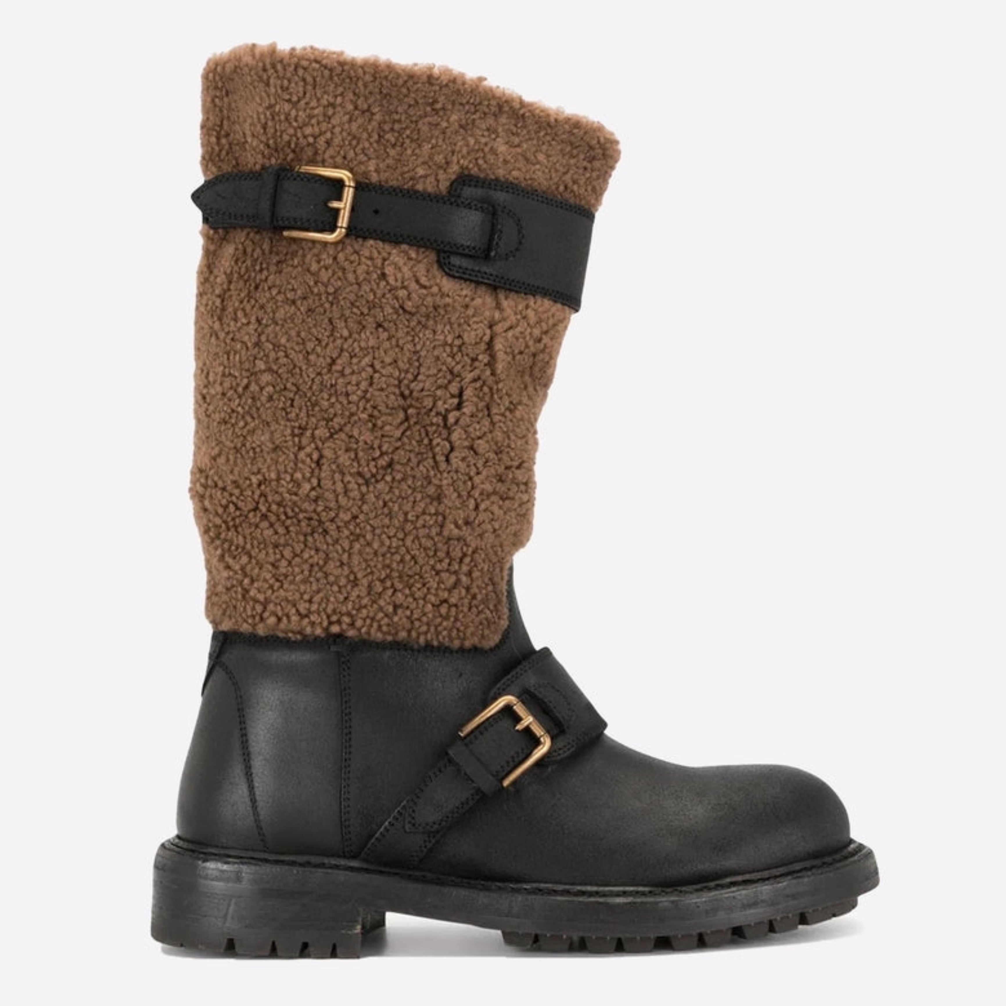 Мъжки луксозни гвардейски ботуши с овча вълна Dolce&Gabbana Black Shearling Leather Long Boots

