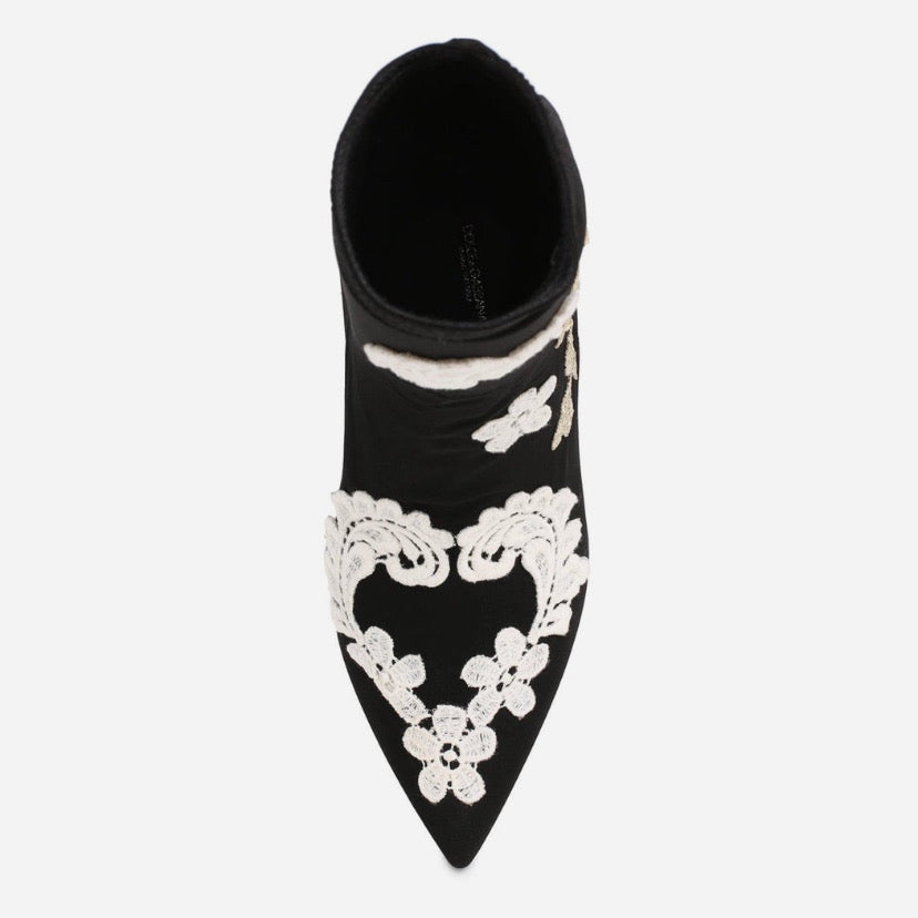 Дамски луксозни черни боти с бродерия DOLCE & GABBANA Women’s Black White Embroidery Ankle Boots