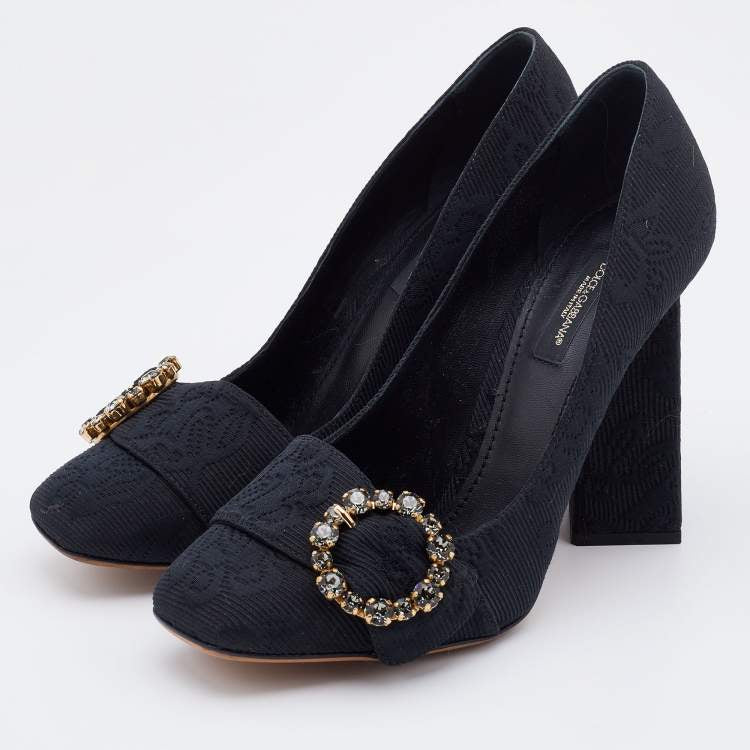 Дамски луксозни обувки на висок ток Dolce & Gabbana Black Brocade Crystals Heels Pumps в черно