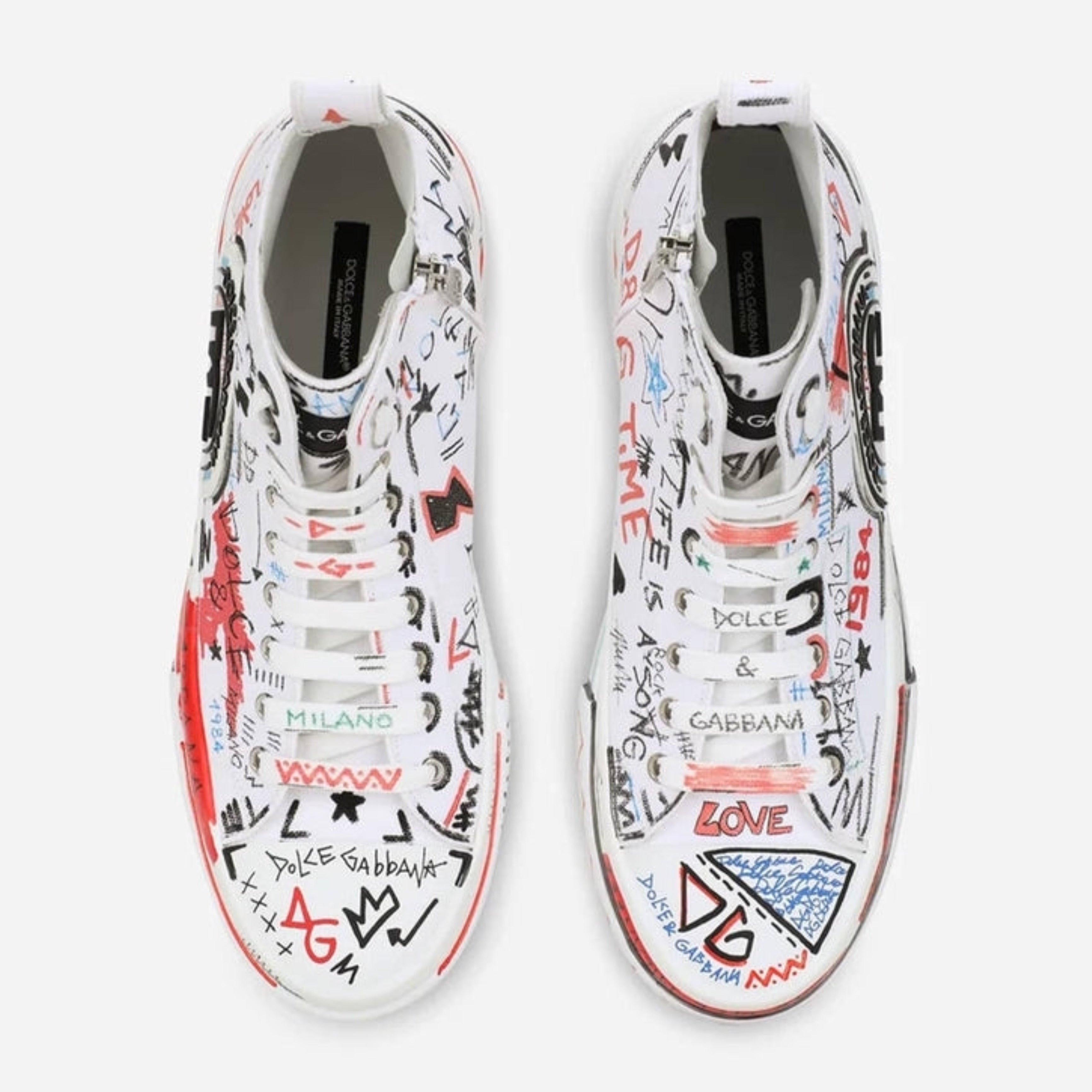 Мъжки луксозни високи изрисувани кецове в бяло Dolce & Gabbana Men’s Portofino Graffiti White Sneakers