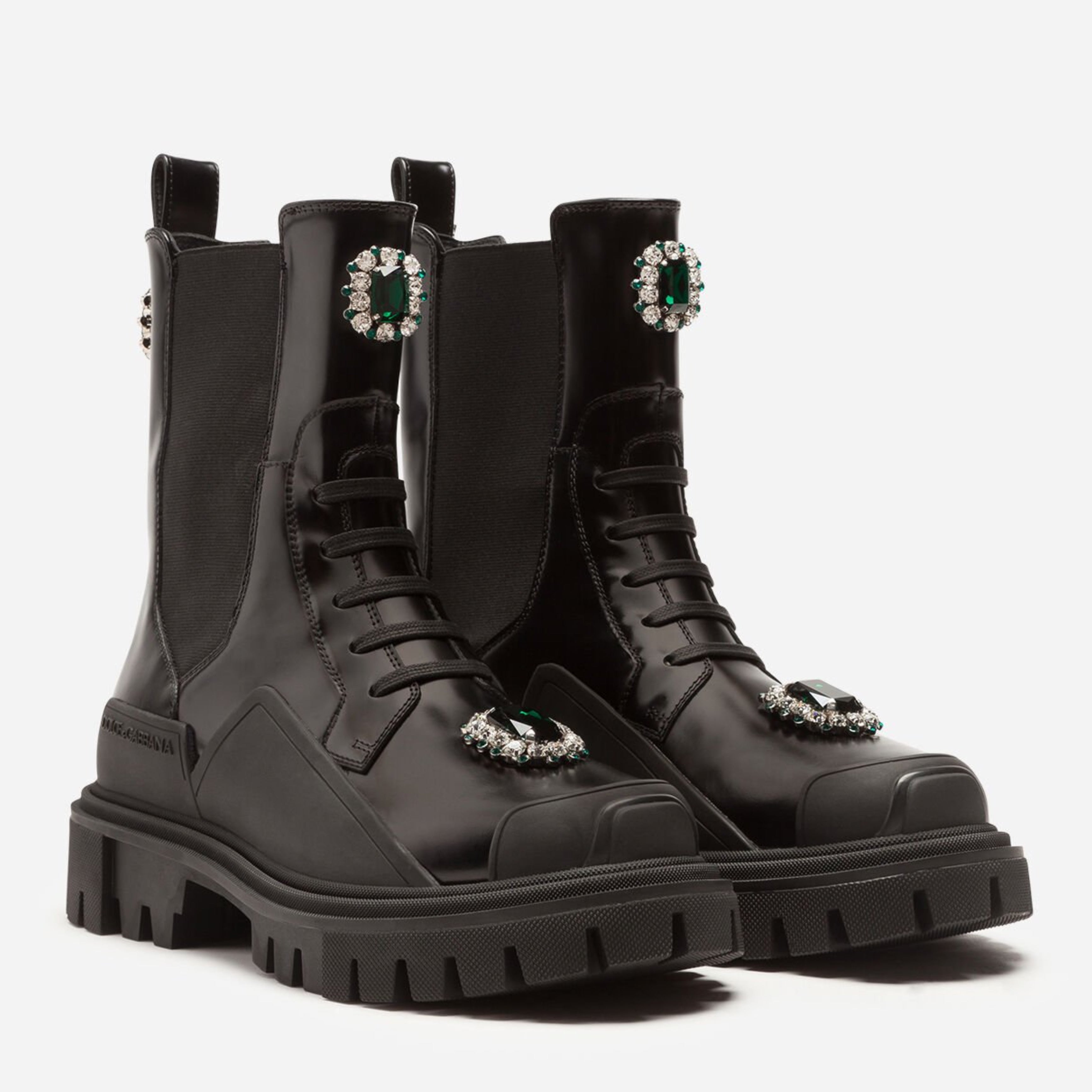 Dolce & Gabbana Elegant Black Leather Combat Boots with Crystal Detail